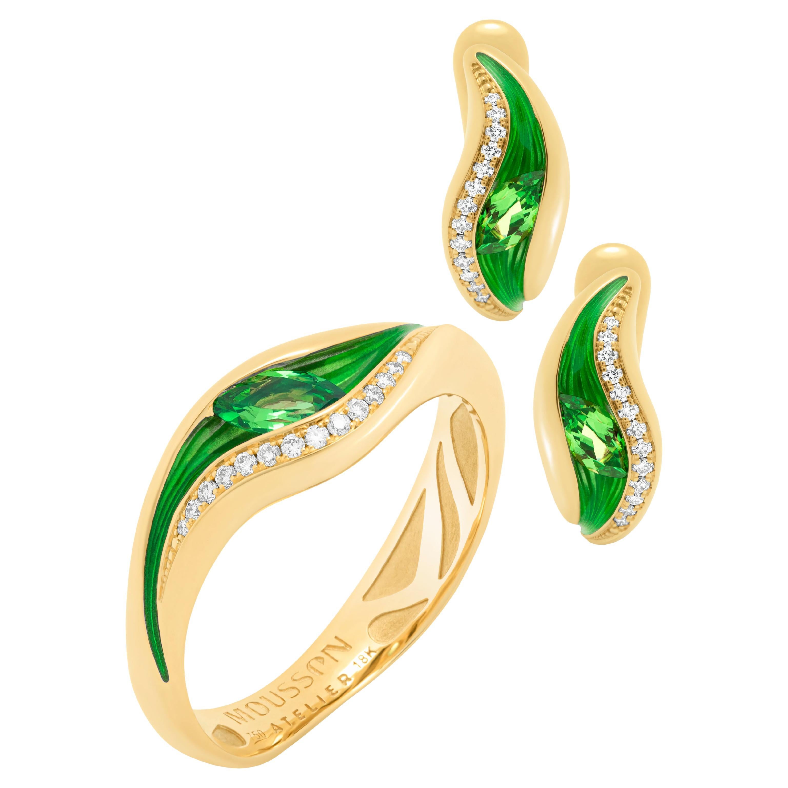 Tsavorites Diamants Émail Or jaune 18 carats Couleurs fondues Suite en vente