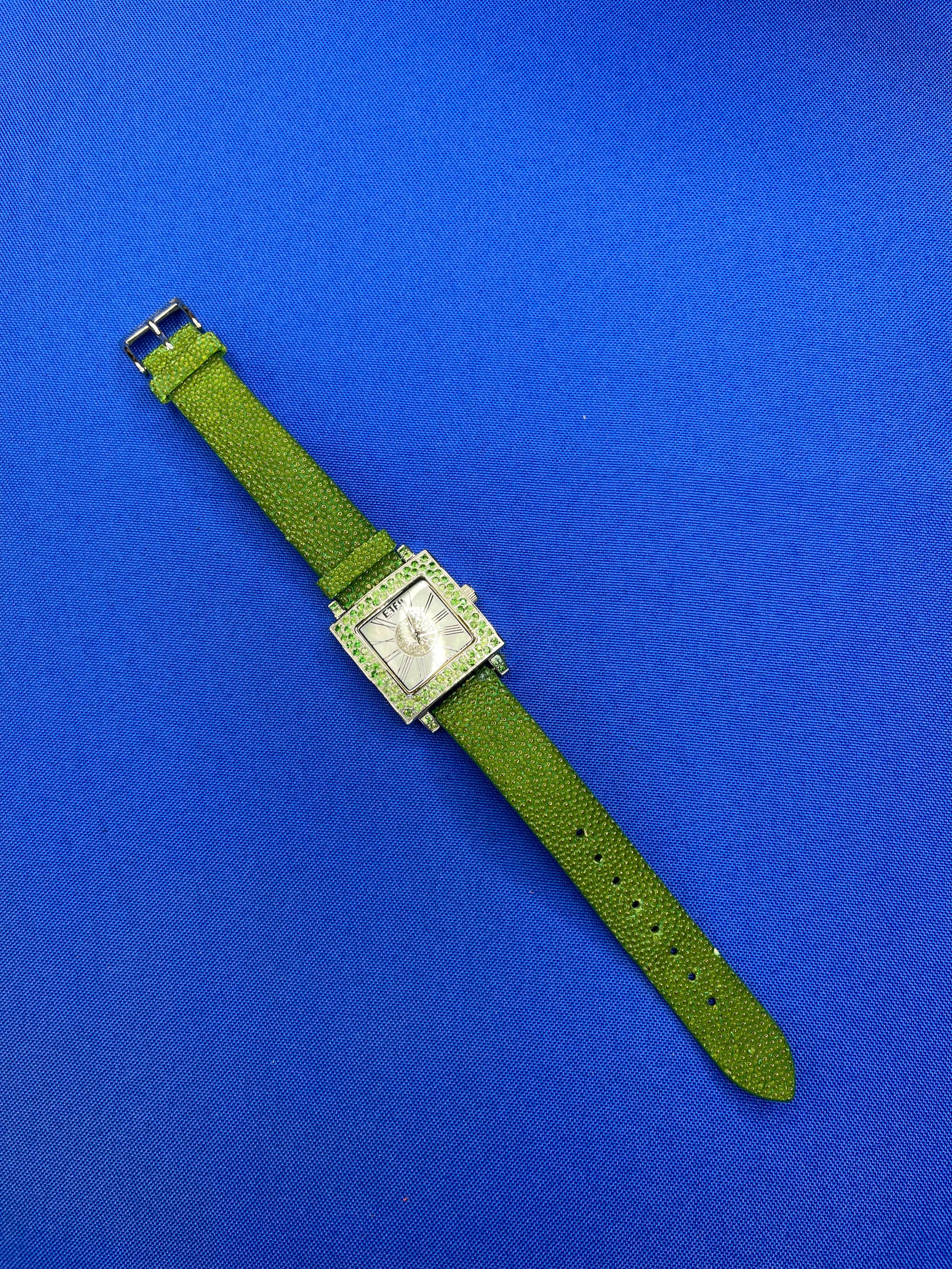 Mixed Cut Tsavorites & Diamonds Pave Dial Luxury Swiss Quartz Exotic Leather Band Watch For Sale