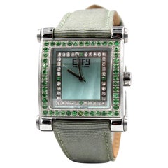 Tsavorites & Diamonds Pave Dial Luxury Swiss Quartz Exotic Leather Band Watch