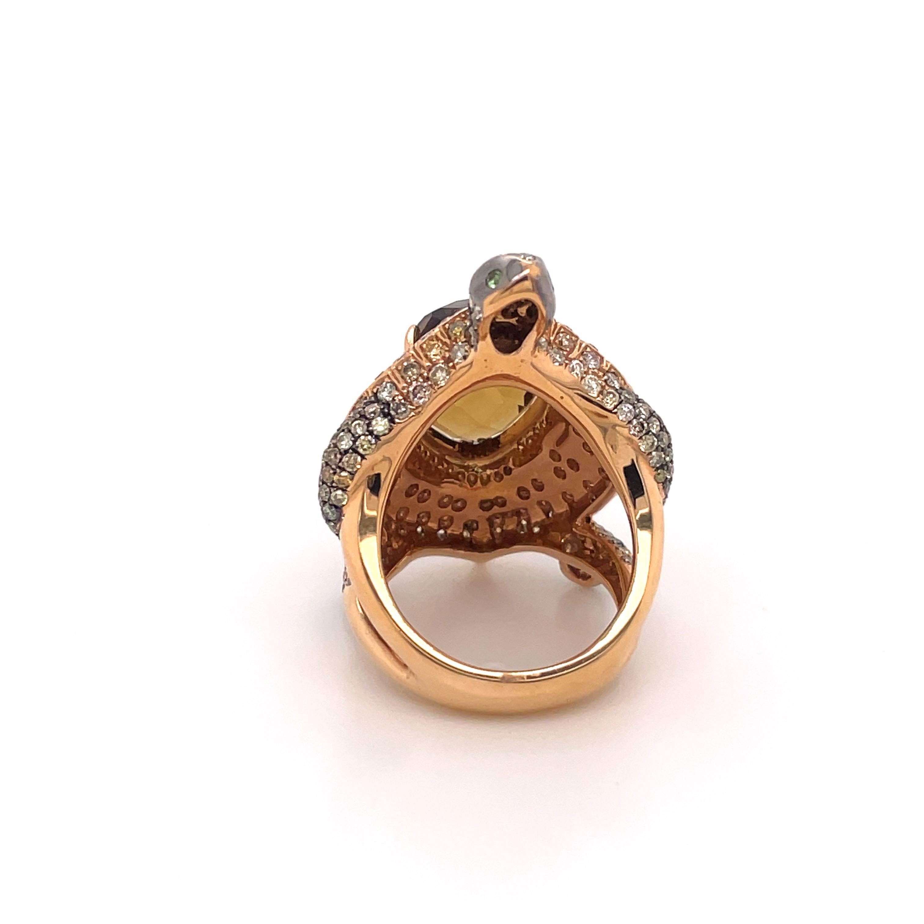 Pear Cut Tsavorites Eyed Citrine and Fancy Diamonds Turtle Ring For Sale