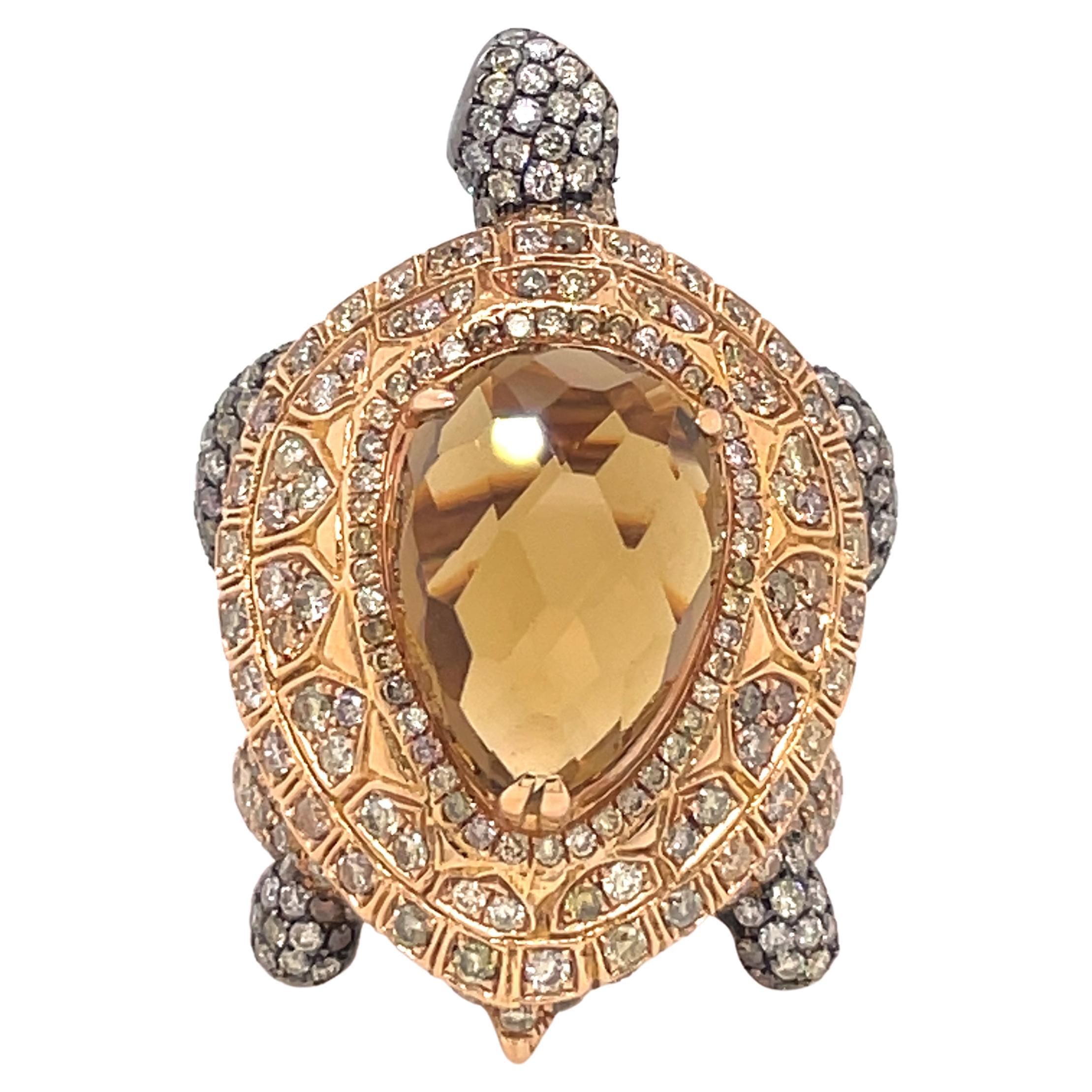 Tsavorites Eyed Citrine and Fancy Diamonds Turtle Ring For Sale