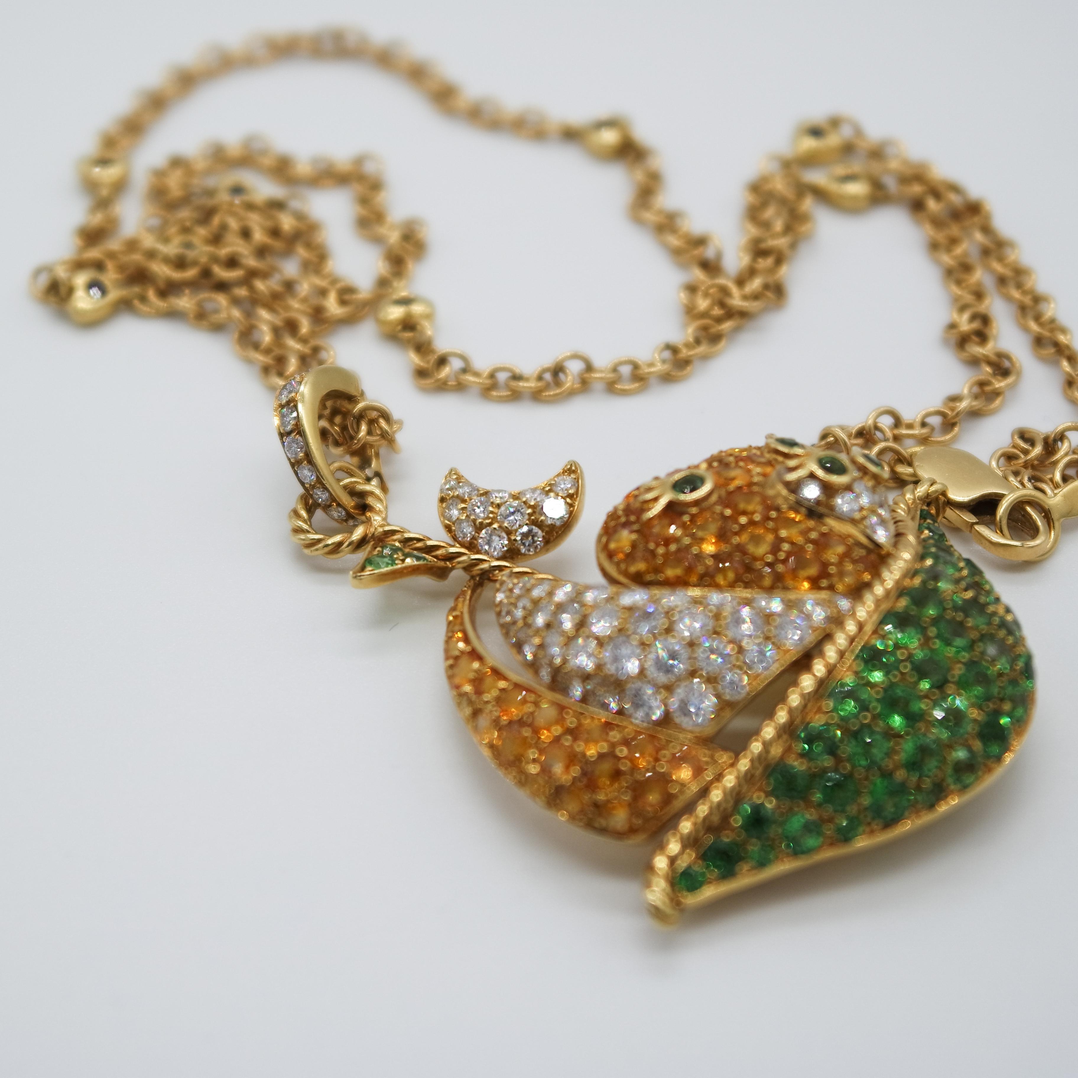 Modern Tsavorites, Orange Sapphires, Diamonds, Sapphires 18 Karat Gold Pendant 
