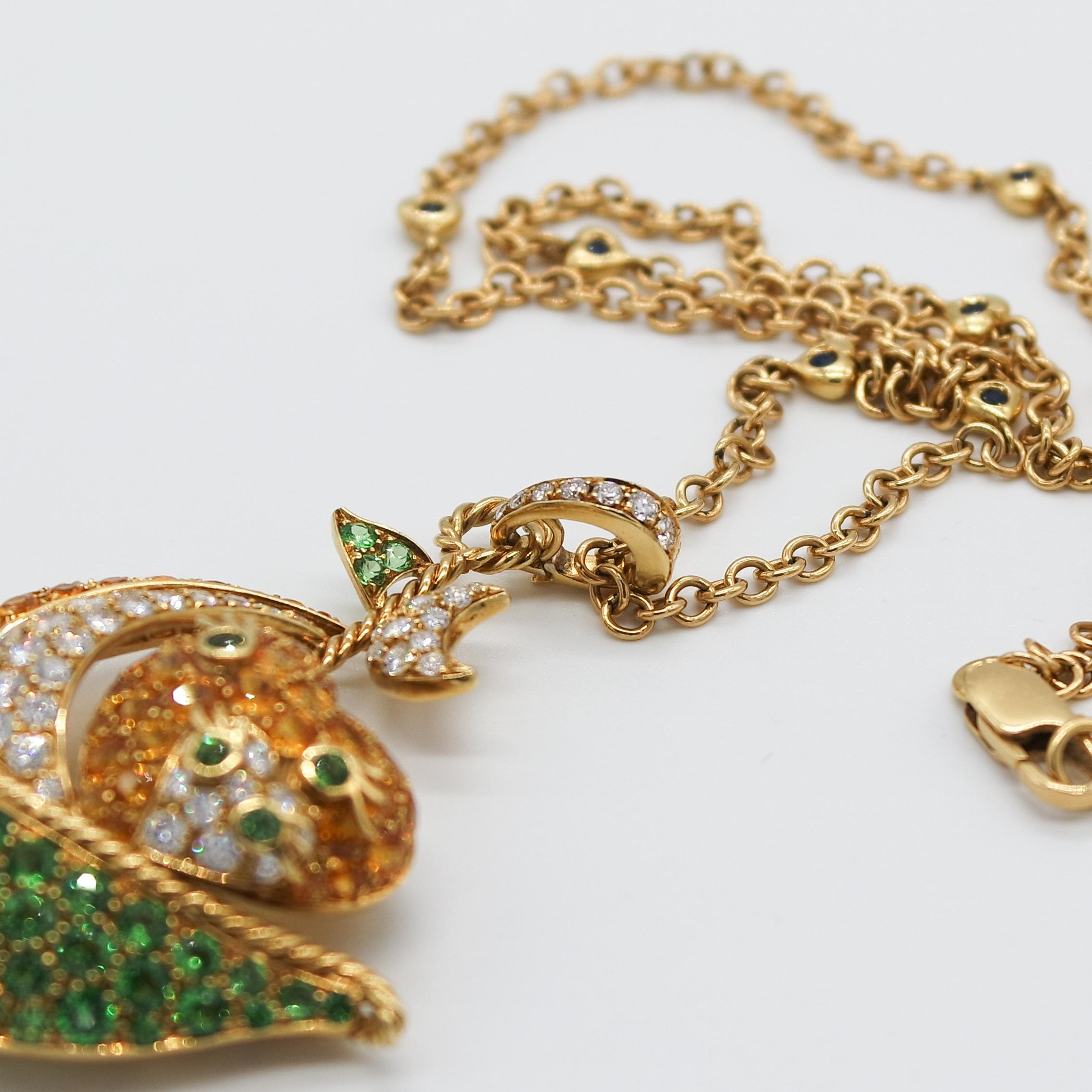 Tsavorites, Orange Sapphires, Diamonds, Sapphires 18 Karat Gold Pendant  In Excellent Condition In Crema, Cremona