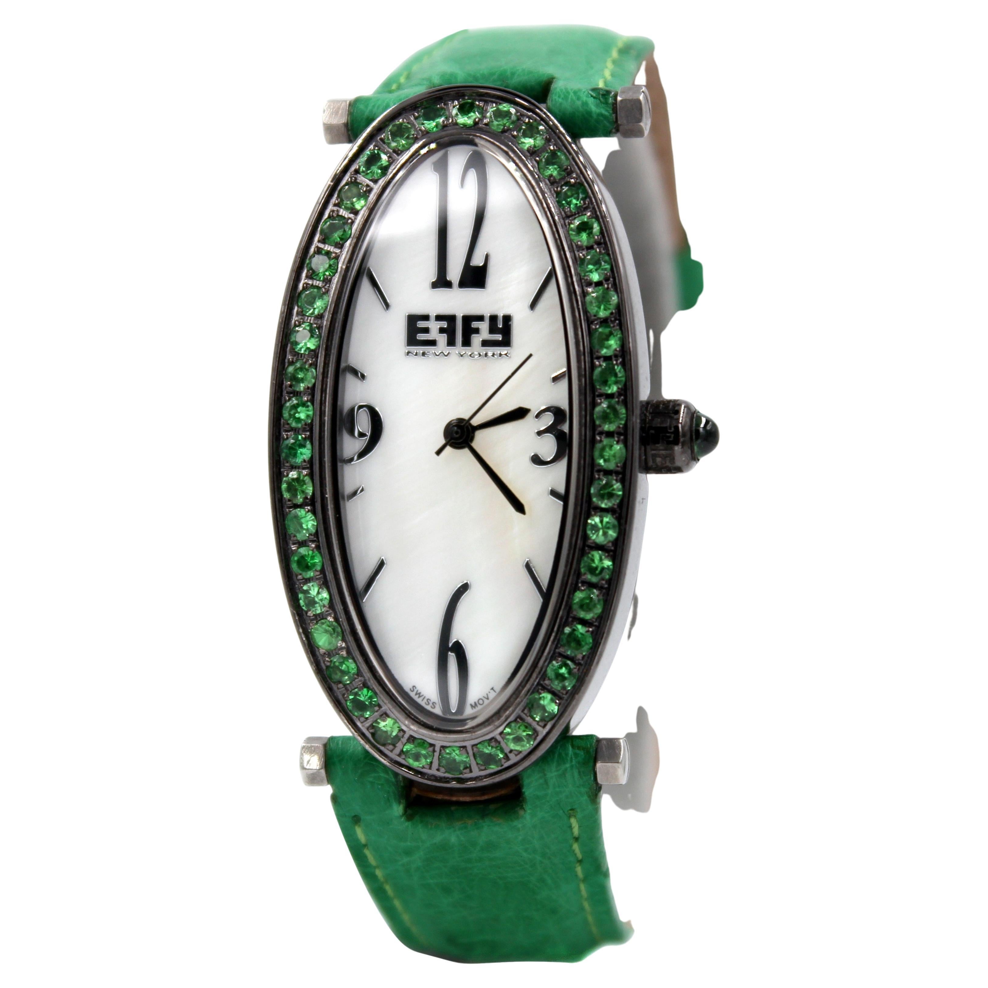 Tsavorites Pave Dial Luxury Swiss Quartz Exotic Leather Band Watch 1.90 CTW For Sale