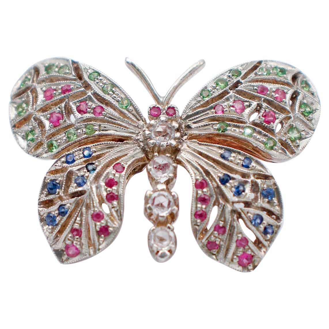 Ring aus 9 Karat Roségold und Silber mit Tsavorit, Rubinen, blauen und weißen Saphiren