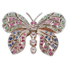 Vintage Tsavorites, Rubies, Blue and White Sapphires, 9 Karat Rose Gold and Silver Ring