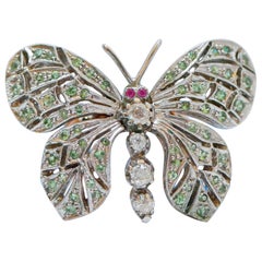 Vintage Tsavorites, Rubies, Diamonds, Rose Gold and Silver Ring.