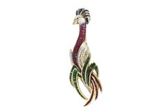 Tsavorites, Ruby, Blue Sapphire with Diamond Bird Brooch in 18 Karat Gold
