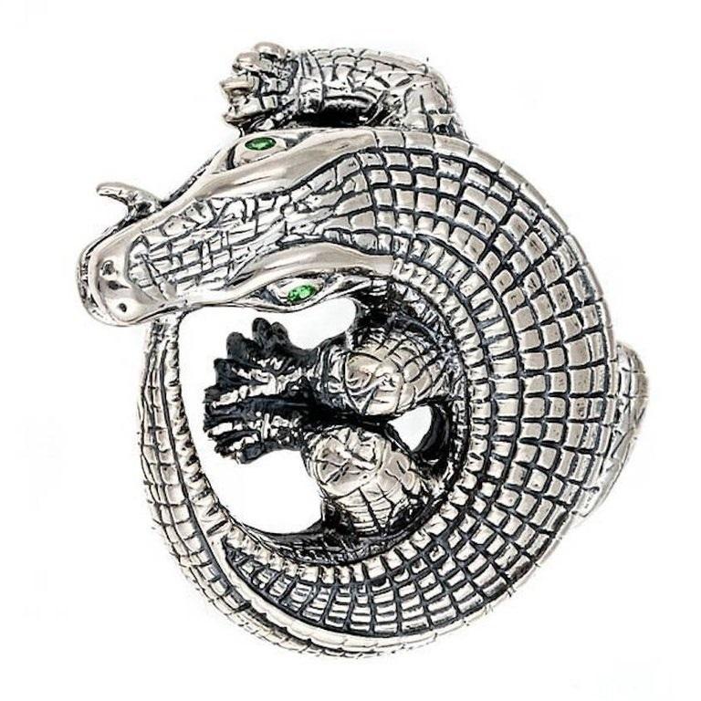 Contemporary Tsavorites Sterling Silver Curled Alligator Brooch by John Landrum Bryant For Sale