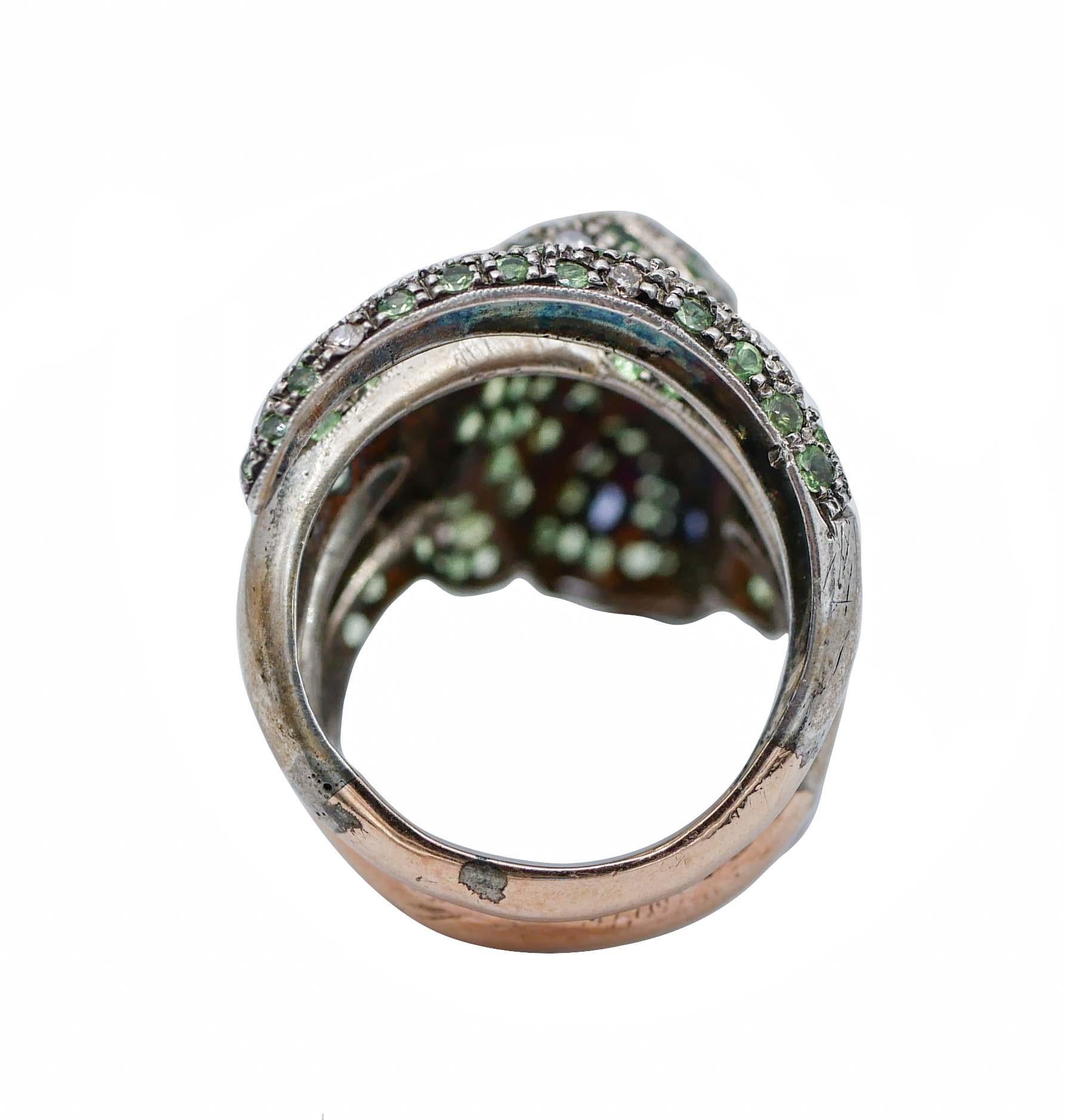 Retro Tsavorite, Sapphires, Diamonds, Rose Gold and Silver Chameleon Ring