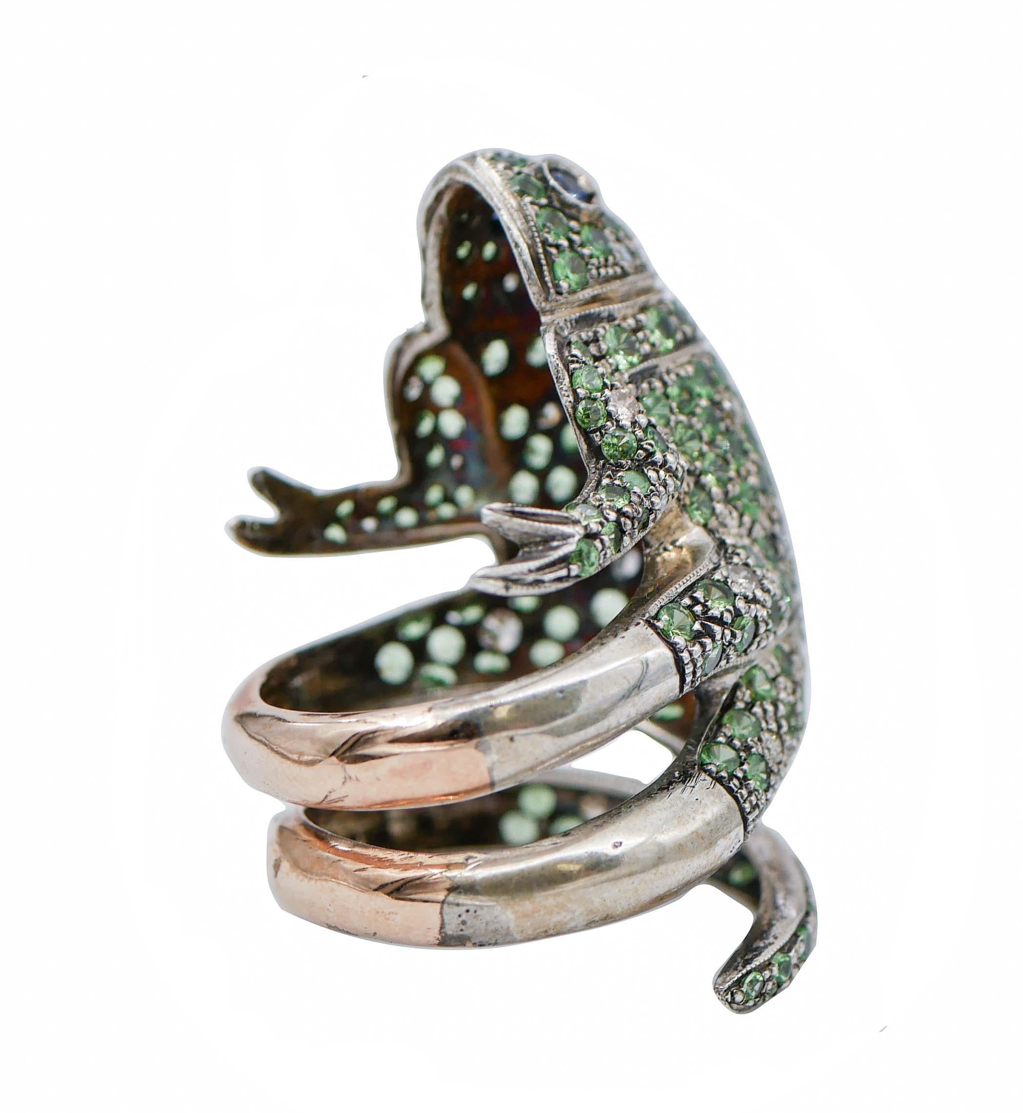 Mixed Cut Tsavorite, Sapphires, Diamonds, Rose Gold and Silver Chameleon Ring