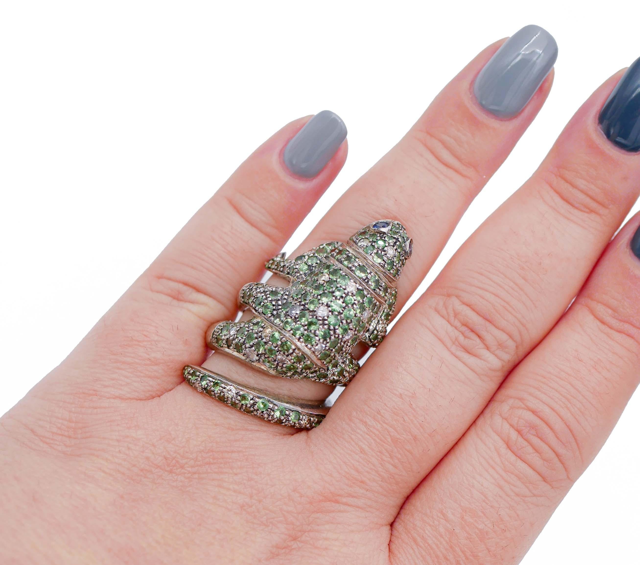 Women's Tsavorite, Sapphires, Diamonds, Rose Gold and Silver Chameleon Ring