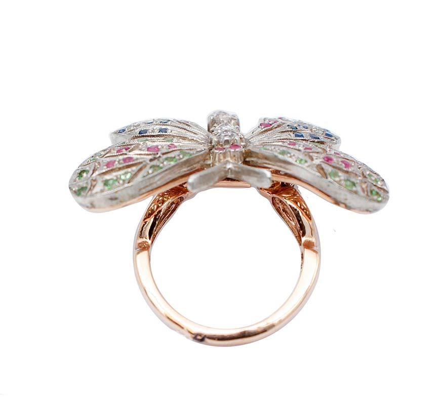 Retro Tsavorites, Rubies, Blue and White Sapphires, 9 Karat Rose Gold and Silver Ring For Sale