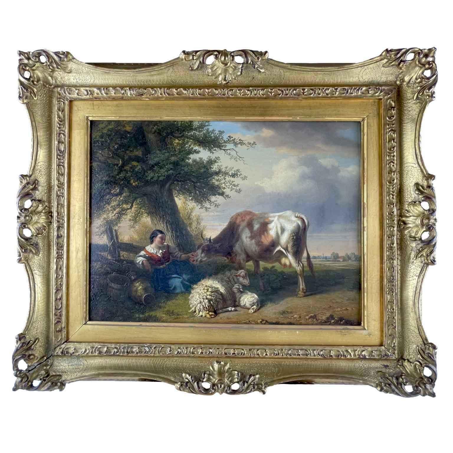 Belgian 19th Century Flemish Landscape with Shepherdess Cow and Sheep Tschaggeny, 1849  For Sale