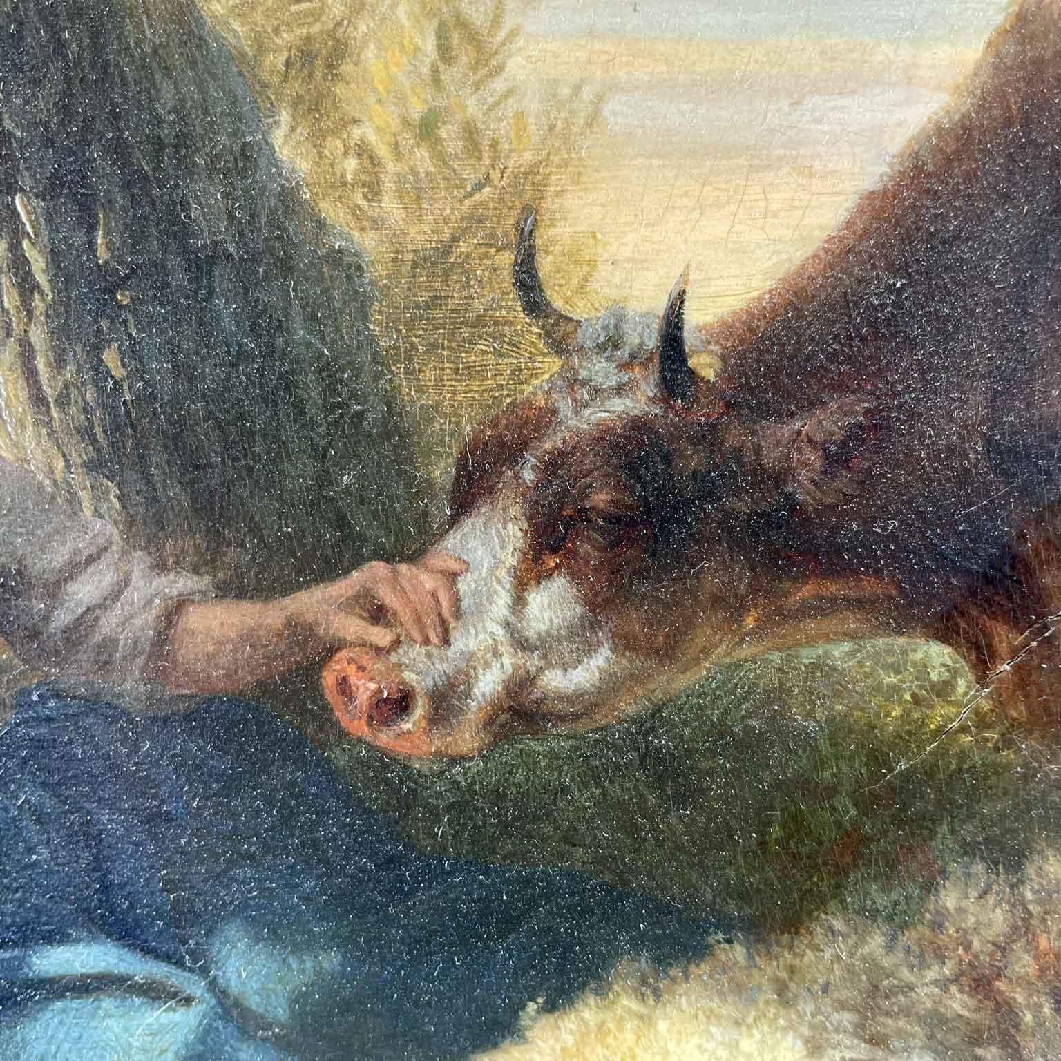 Flämische Landschaft des 19. Jahrhunderts mit Hirtin, Kuh und Schafen Tschaggeny, 1849  im Zustand „Gut“ im Angebot in Milan, IT