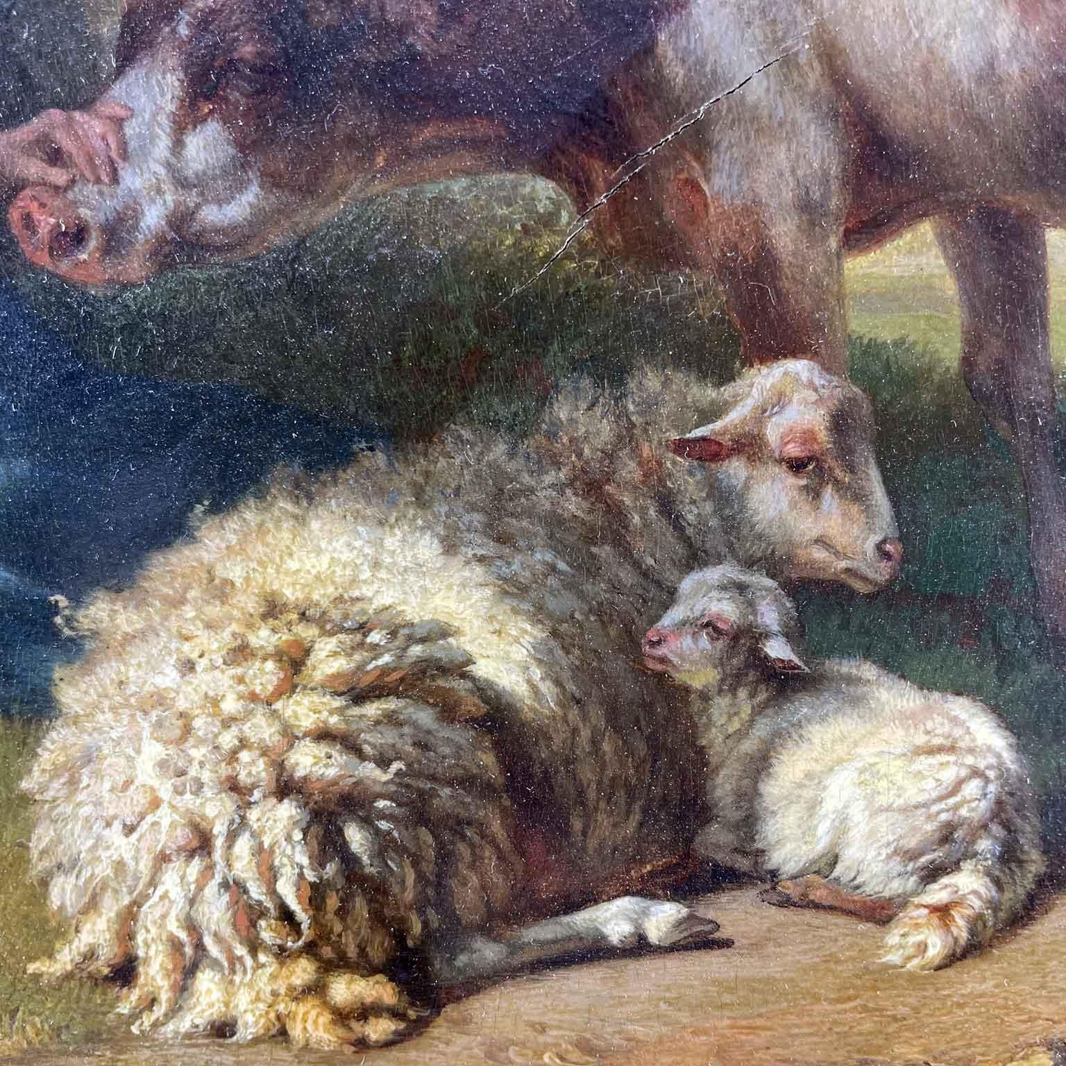 Flämische Landschaft des 19. Jahrhunderts mit Hirtin, Kuh und Schafen Tschaggeny, 1849  (Mittleres 19. Jahrhundert) im Angebot