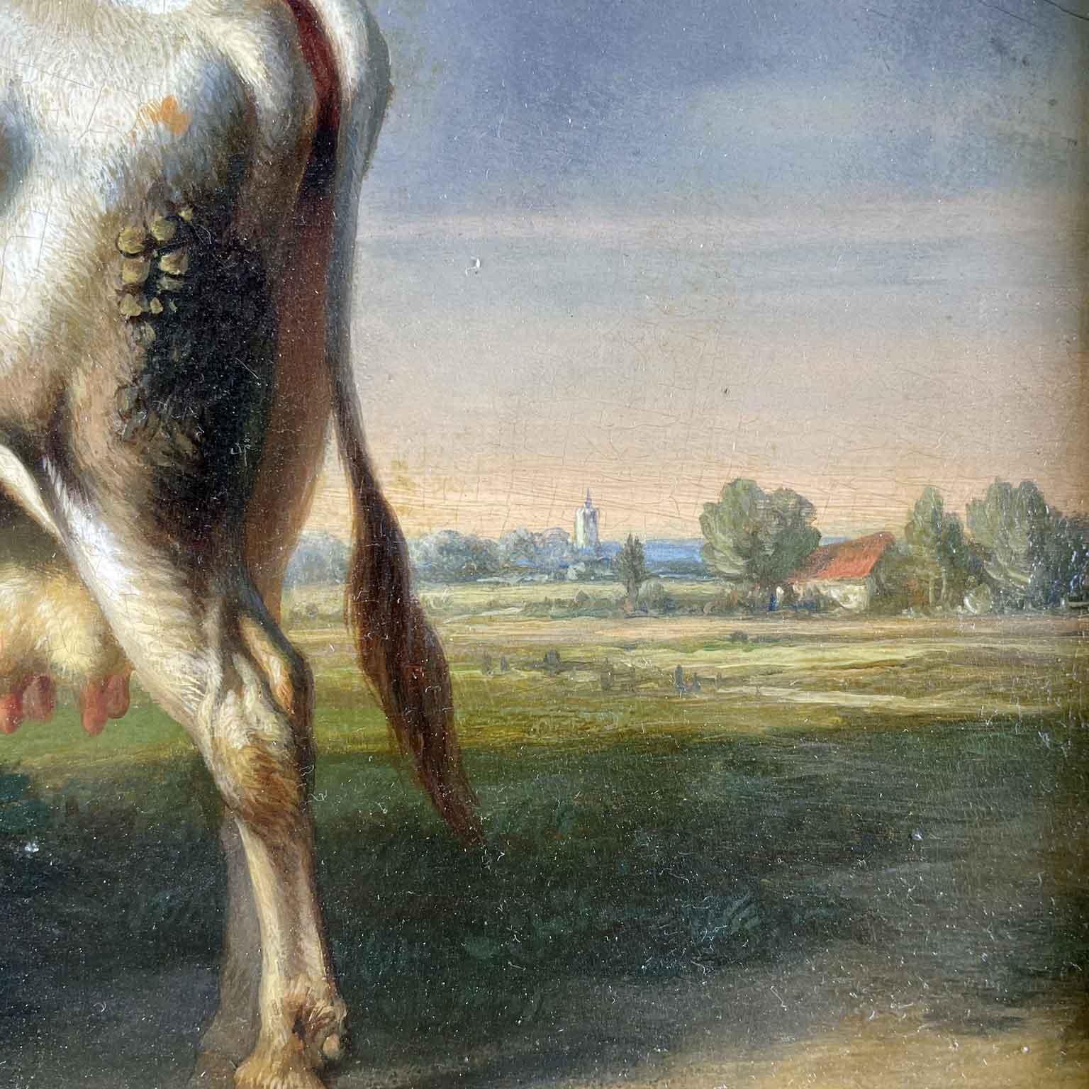 Flämische Landschaft des 19. Jahrhunderts mit Hirtin, Kuh und Schafen Tschaggeny, 1849  (Eichenholz) im Angebot