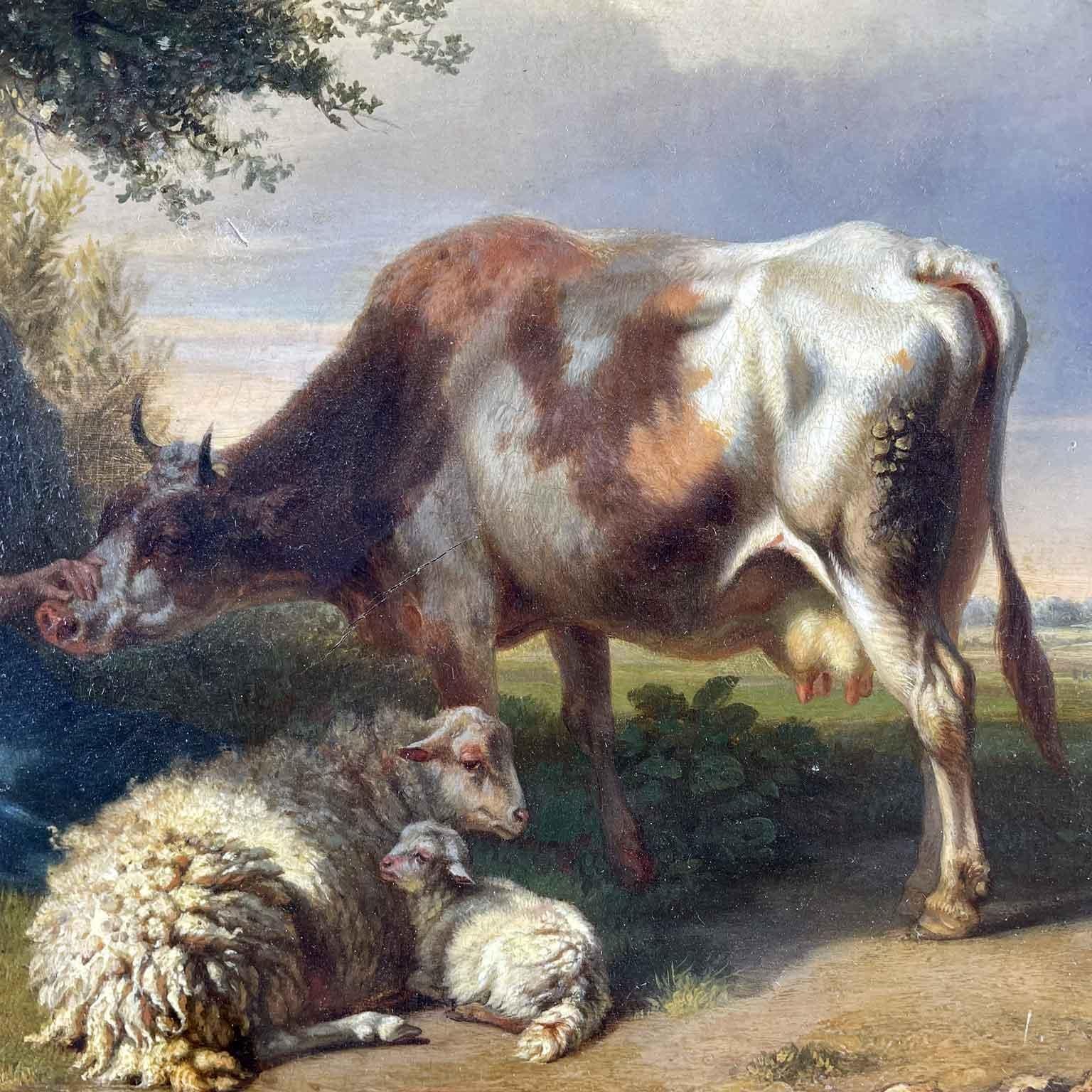 Flämische Landschaft des 19. Jahrhunderts mit Hirtin, Kuh und Schafen Tschaggeny, 1849  im Angebot 1