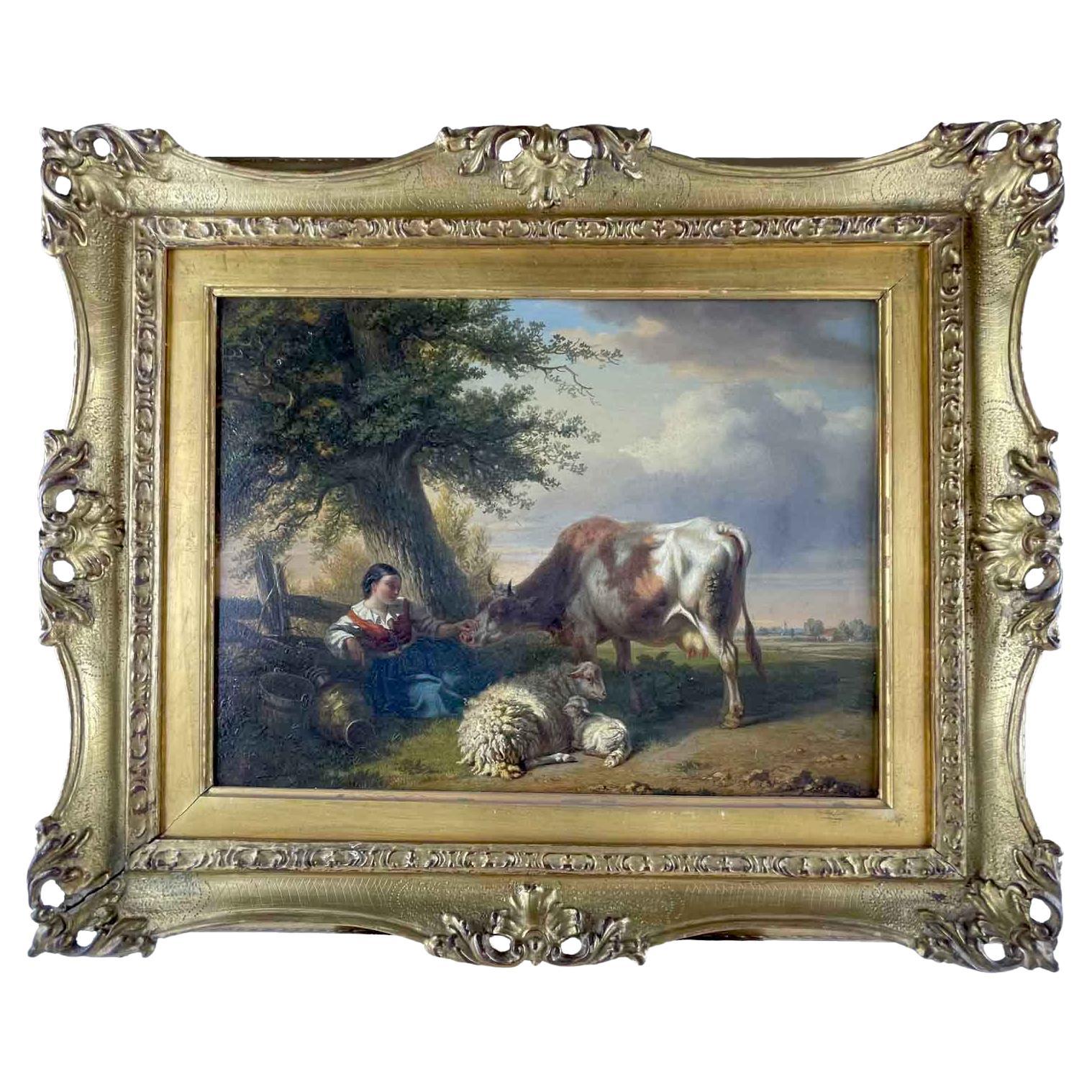 Flämische Landschaft des 19. Jahrhunderts mit Hirtin, Kuh und Schafen Tschaggeny, 1849  im Angebot
