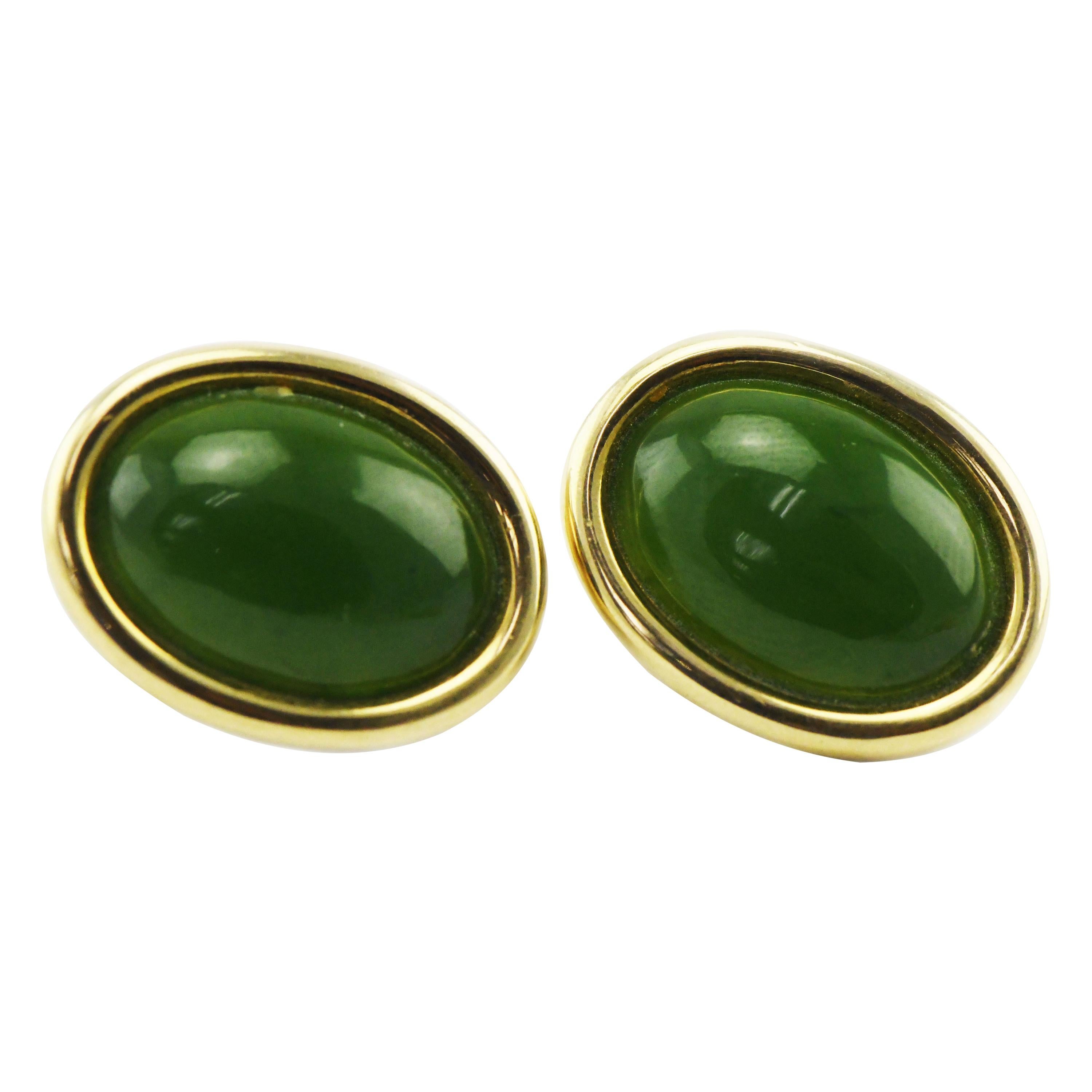 Tse Sui Luen 14 Karat Gold Earrings with Cabochon Carved Jade with Omega Backs For Sale