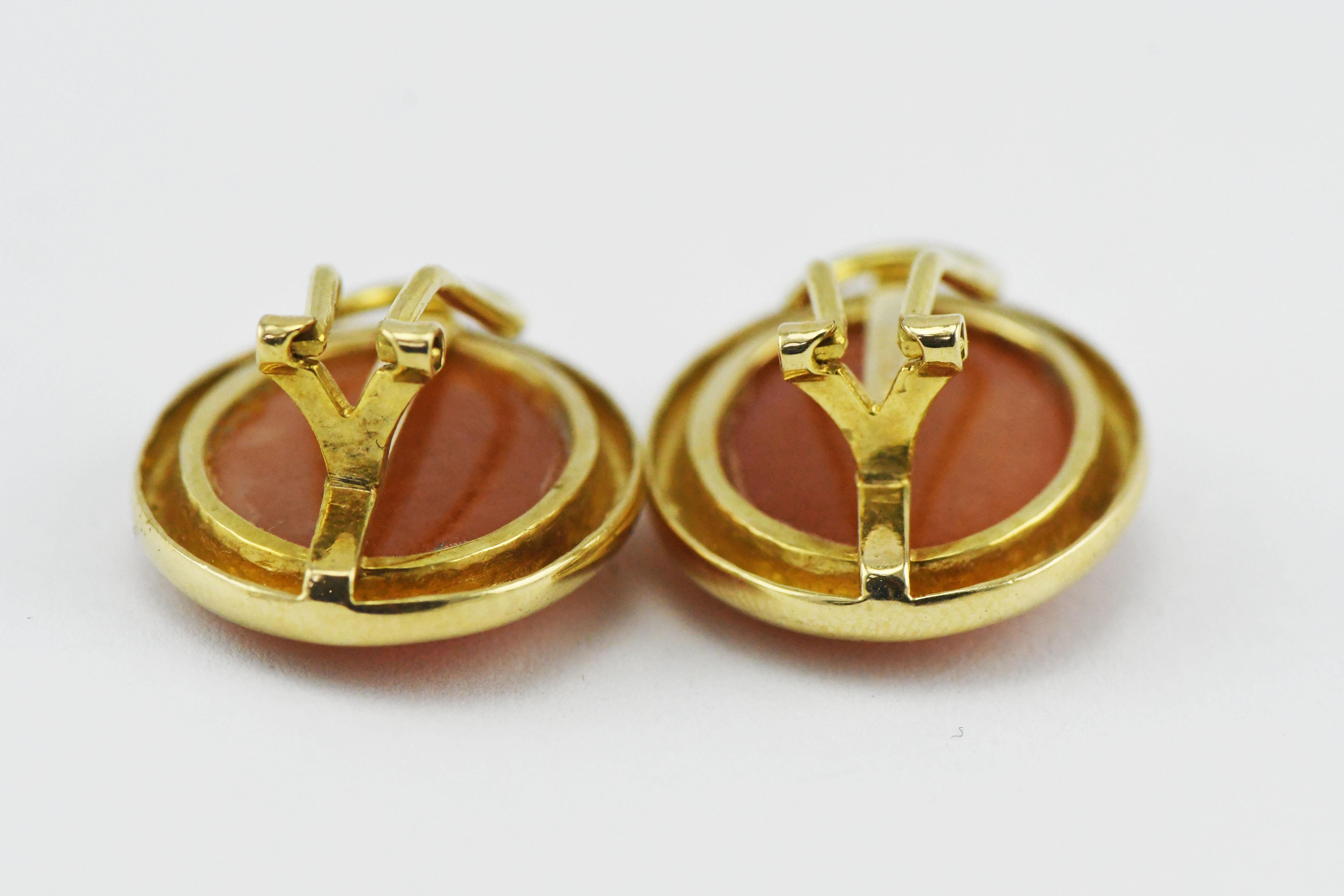 Oval Cut Tse Sui Luen 14k Gold Earrings with Cabochon Carved Carnelian with Omega Backs For Sale