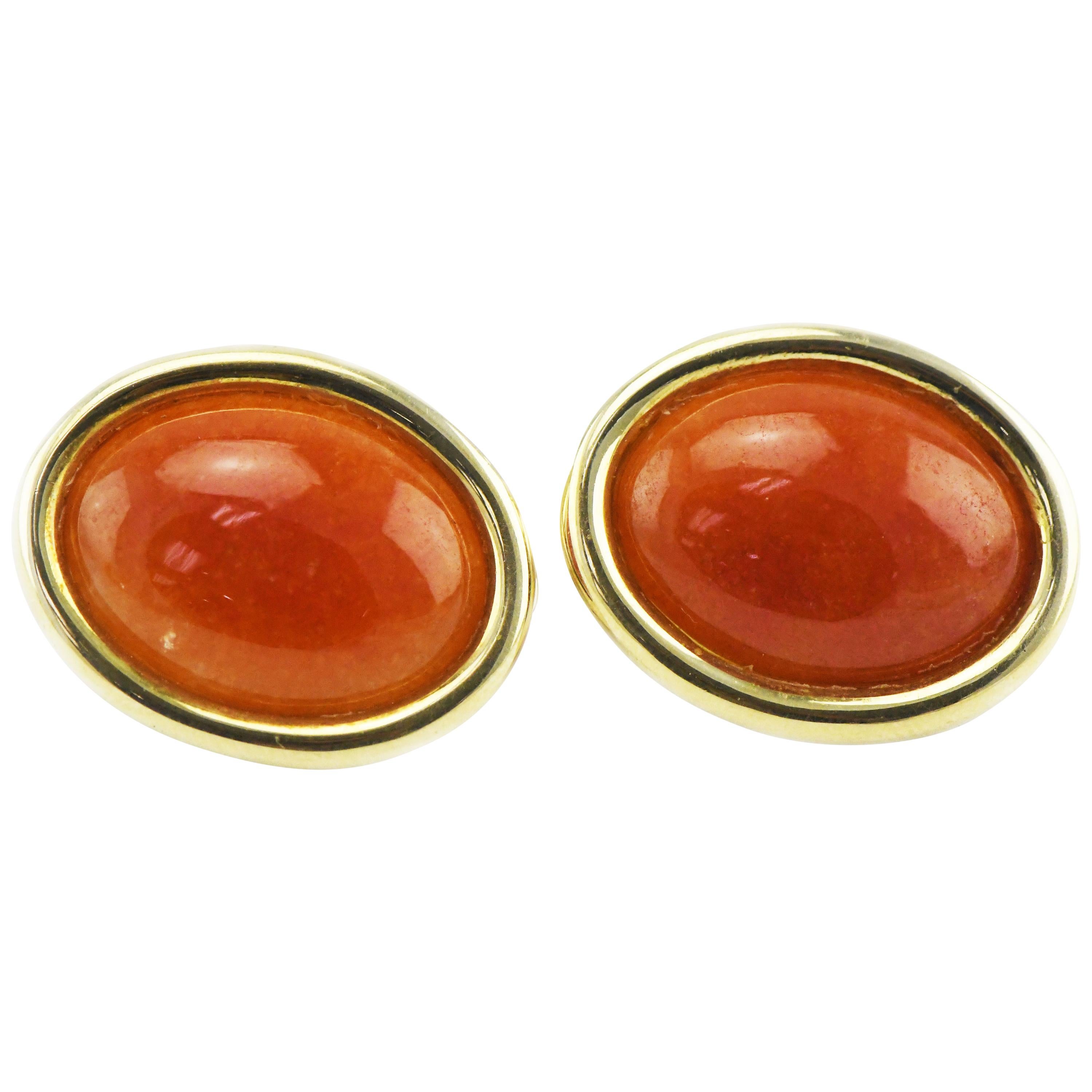 Tse Sui Luen 14k Gold Earrings with Cabochon Carved Carnelian with Omega Backs For Sale