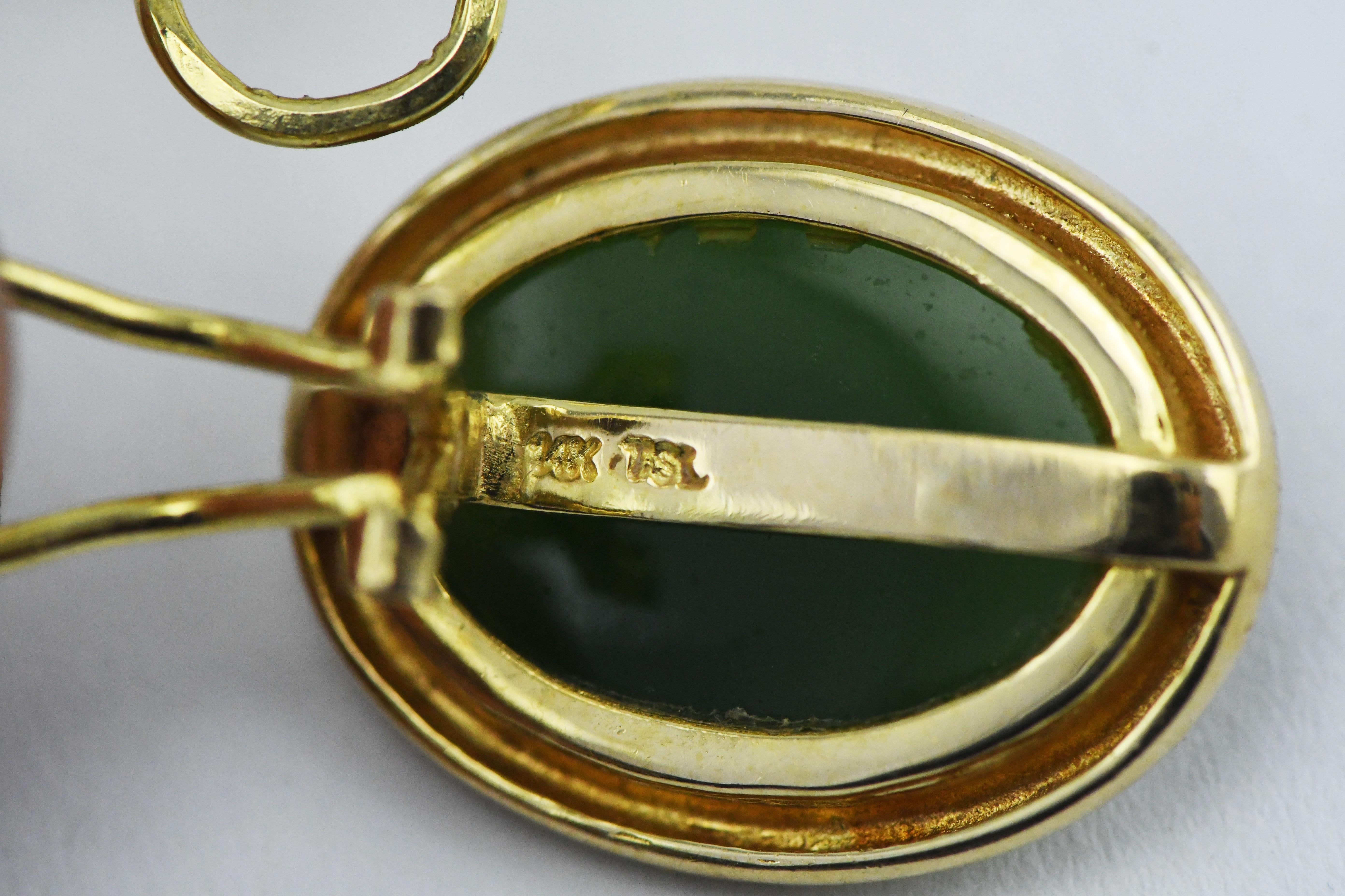 Oval Cut Tse Sui Luen 14 Karat Gold Earrings with Cabochon Carved Jade with Omega Backs For Sale