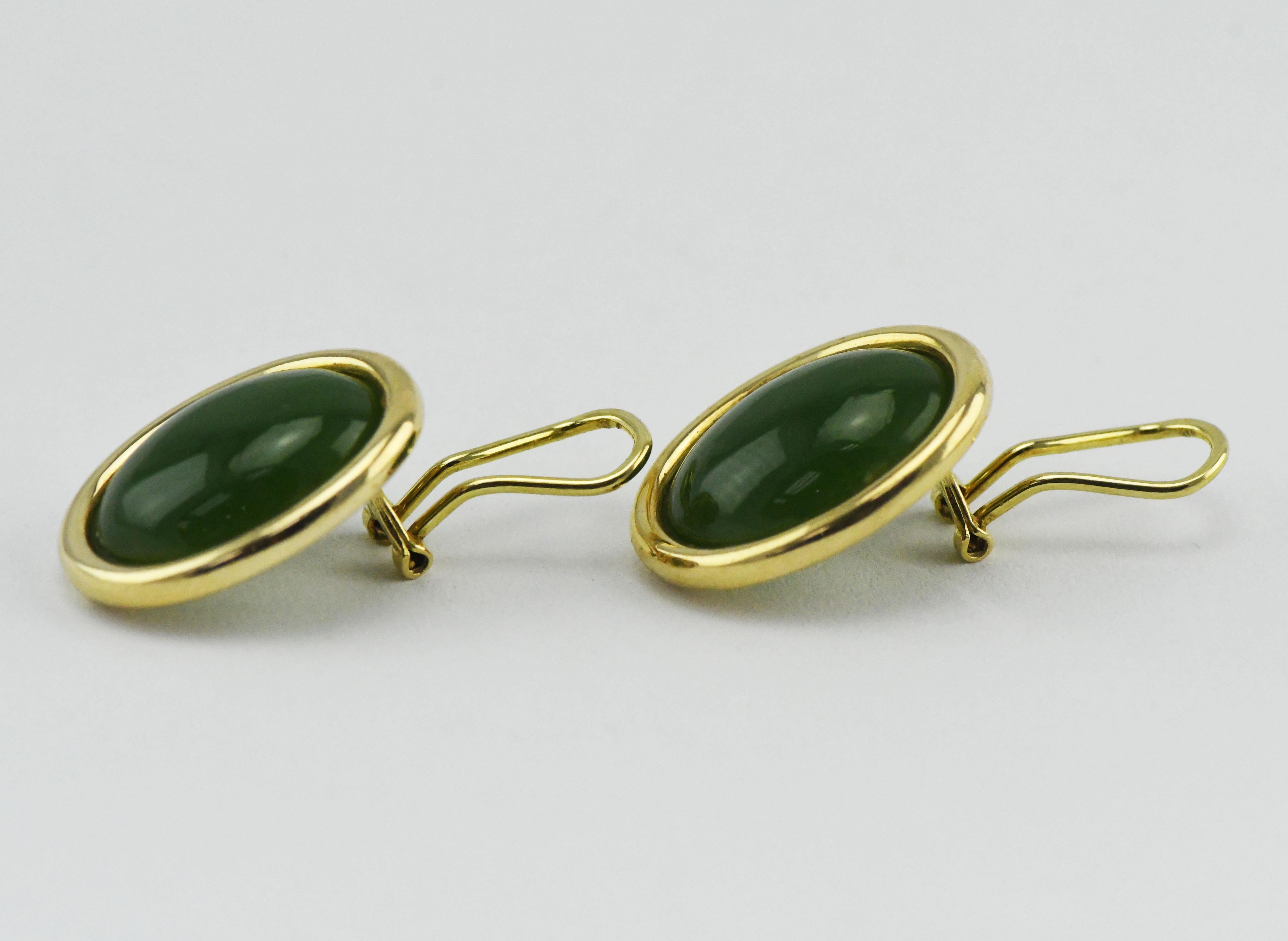 Women's Tse Sui Luen 14 Karat Gold Earrings with Cabochon Carved Jade with Omega Backs For Sale