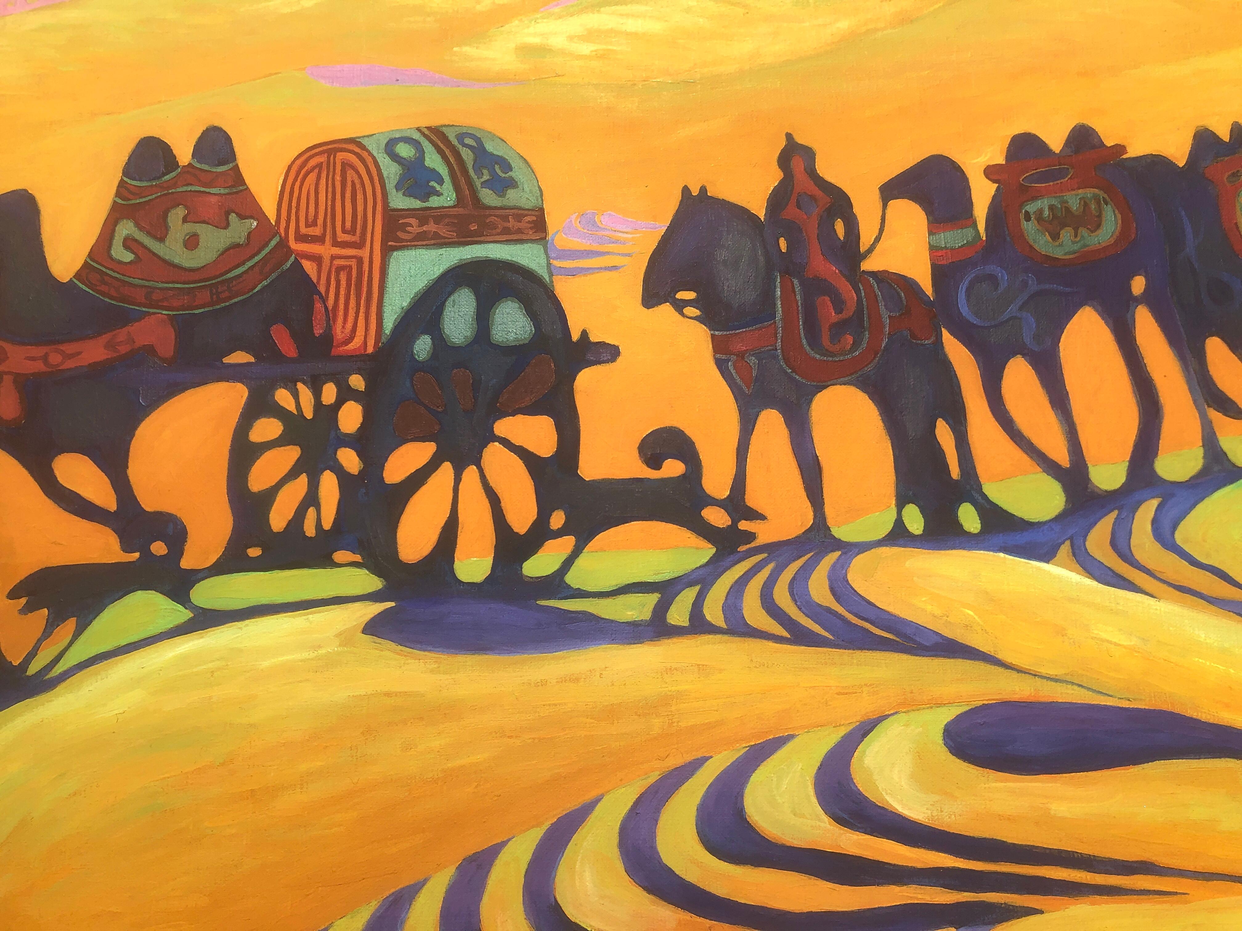 Caravan through the Mongolian desert oil on canvas painting - Symbolist Painting by tsegmed tserennadmid