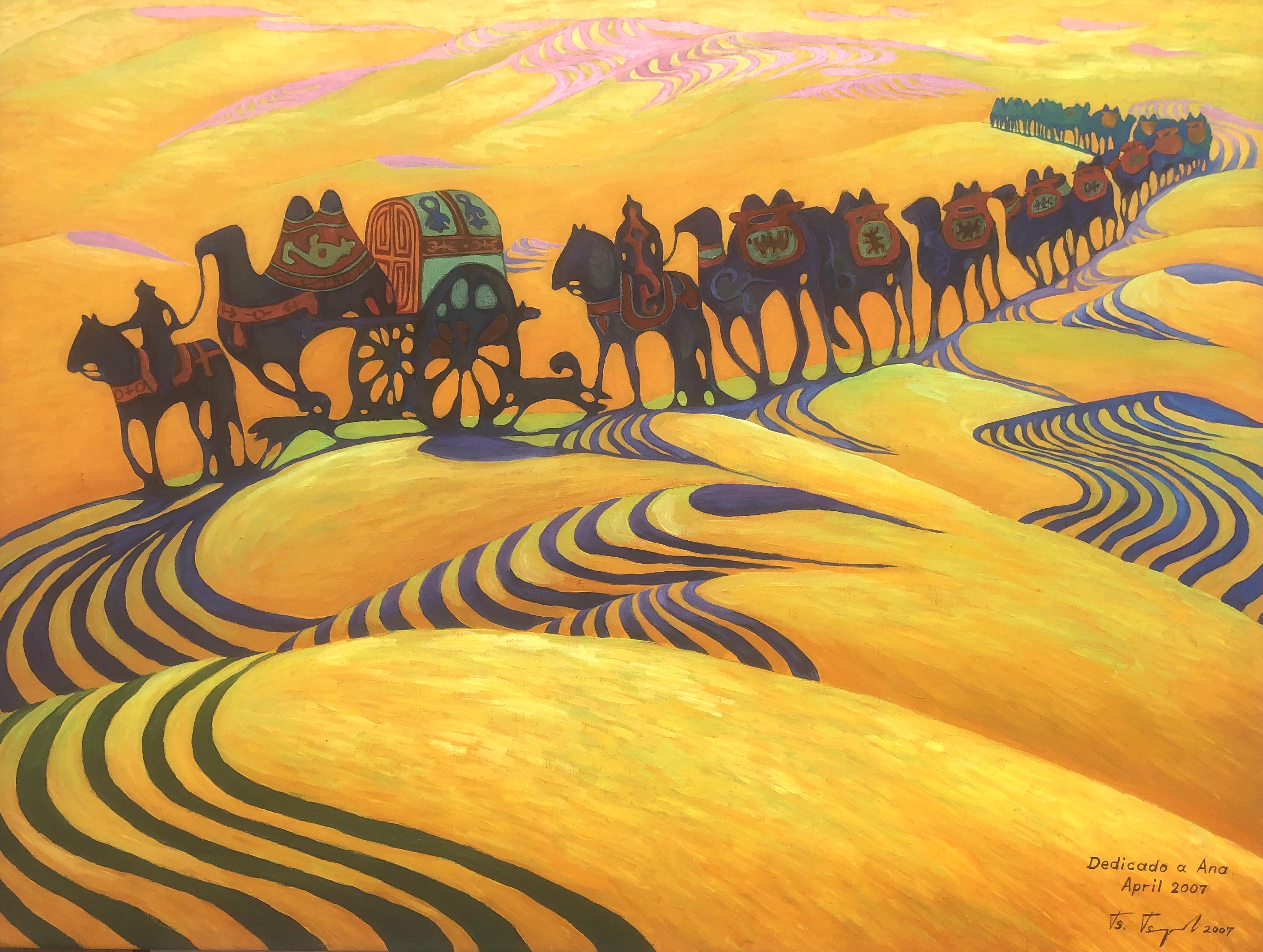 tsegmed tserennadmid Landscape Painting - Caravan through the Mongolian desert oil on canvas painting