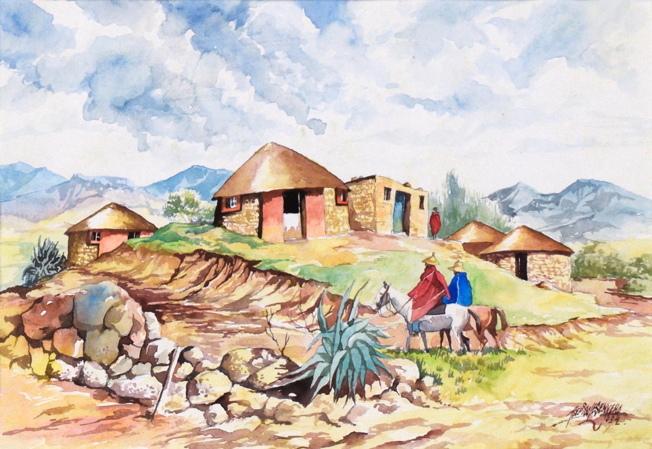 South African Village - Landscape - Painting by Tsepiso Lesenyeho