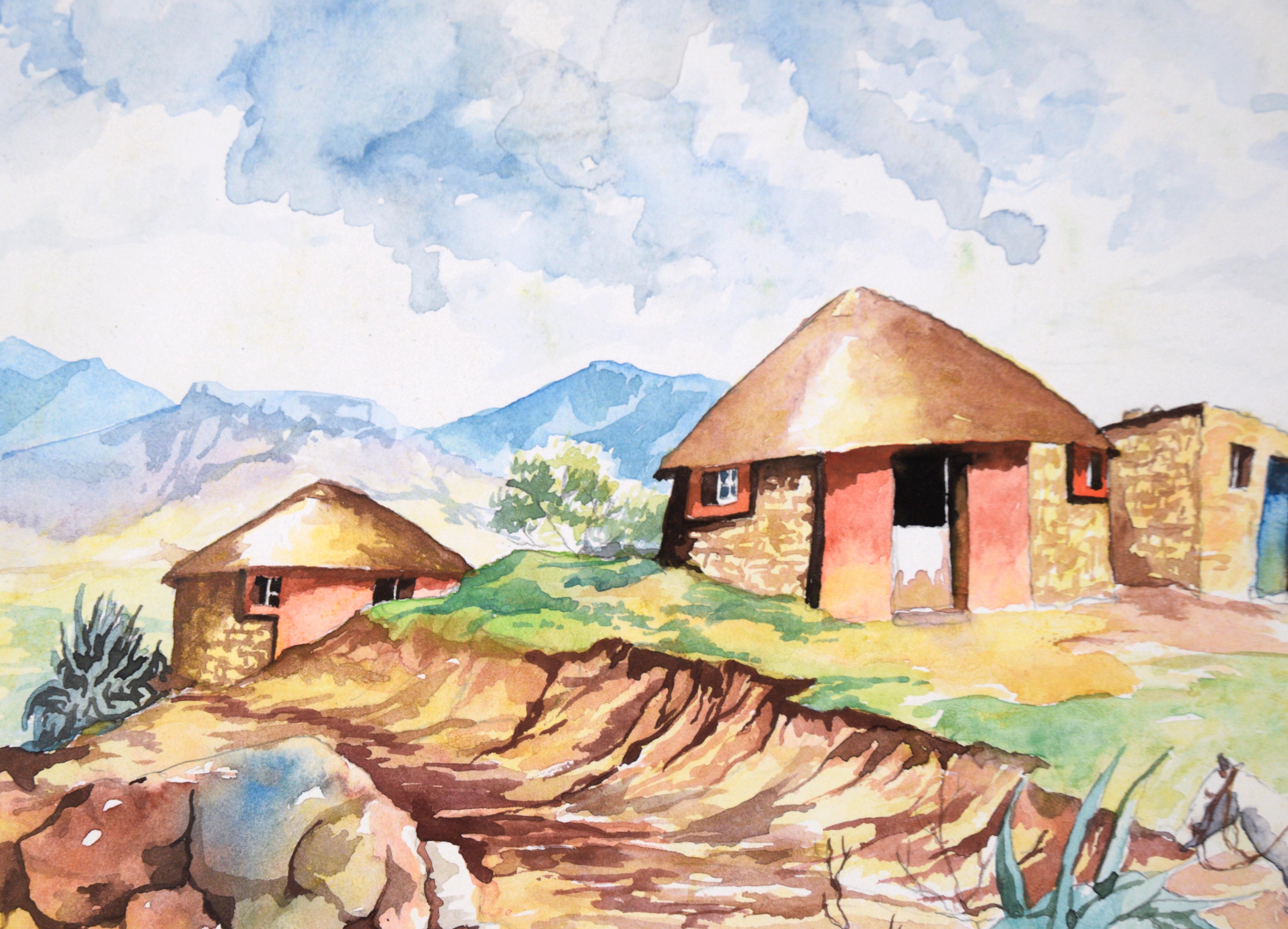 Südafrikanisches Dorf – Landschaft (Impressionismus), Painting, von Tsepiso Lesenyeho