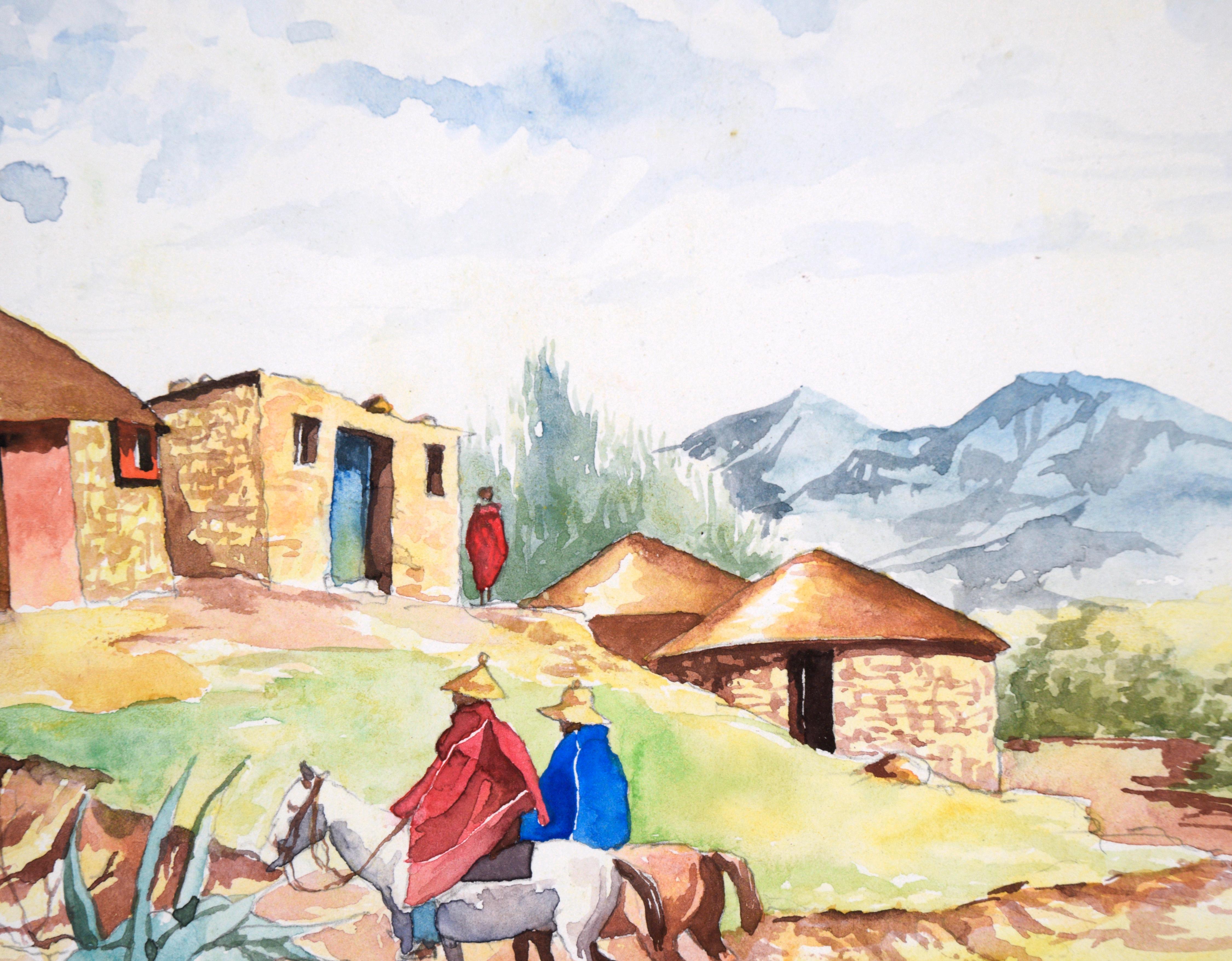 Südafrikanisches Dorf – Landschaft (Beige), Landscape Painting, von Tsepiso Lesenyeho