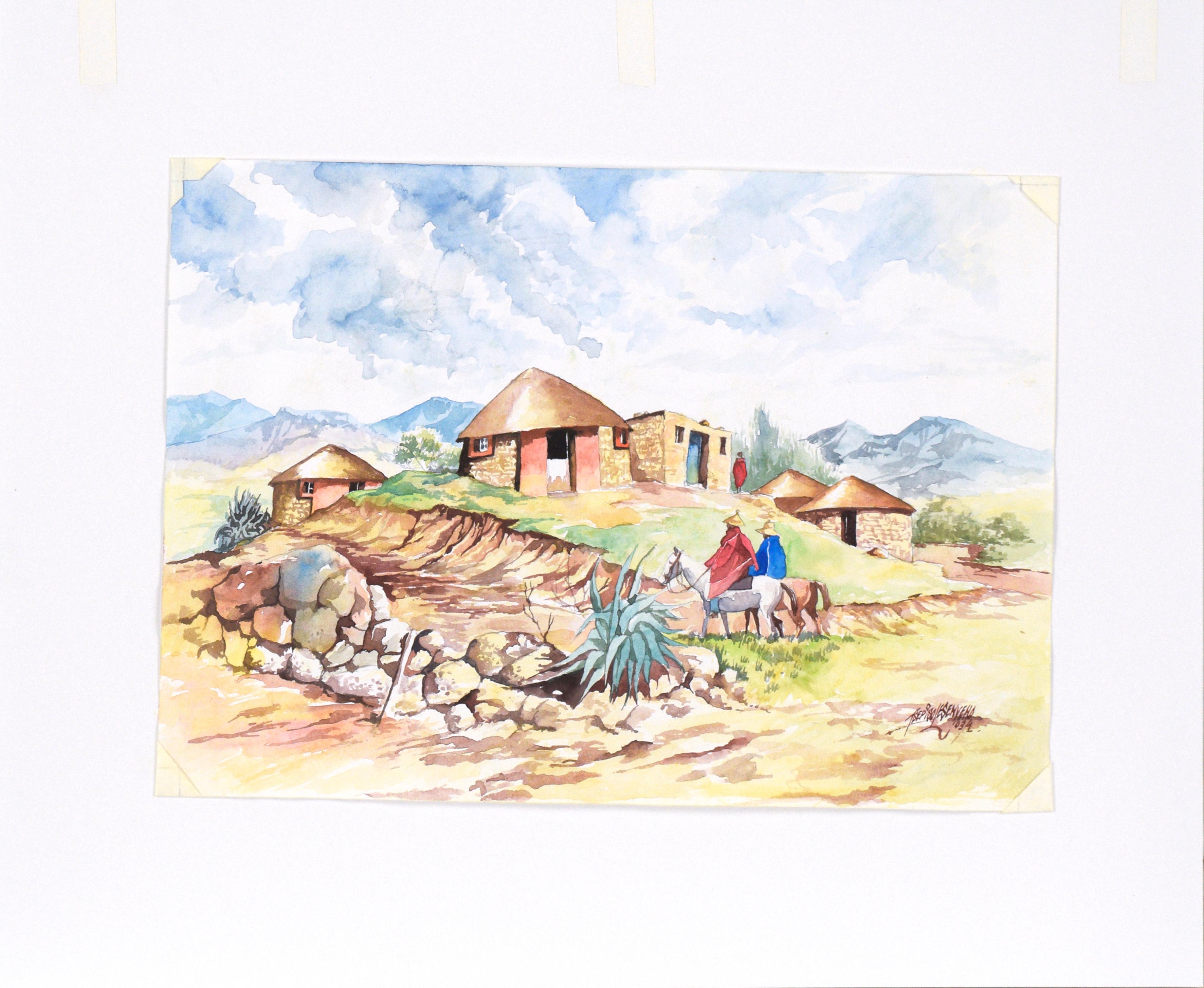 Highly detailed village scene by notable South African artist Tsepiso Lesenyeho (b. 1968). A cluster of houses sit atop a hill, against a dramatic backdrop of mountains and clouds. In the midground, two figures are riding donkeys towards the