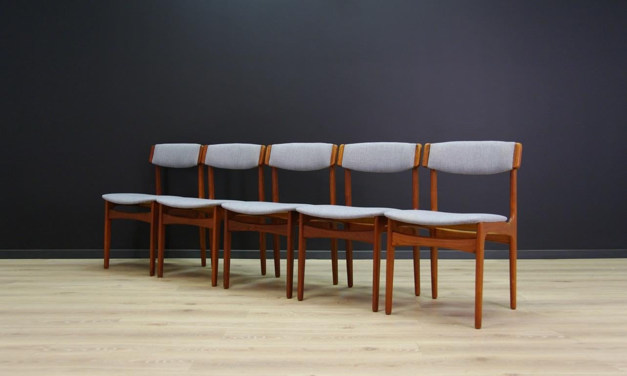 A set of five chairs from the 1960s-1970s, Minimalist form, Danish design. Chairs created by T.S.M Manufactory. New upholstery (grey color), construction made of teak wood. Preserved in good condition (small bruises and scratches on the wooden
