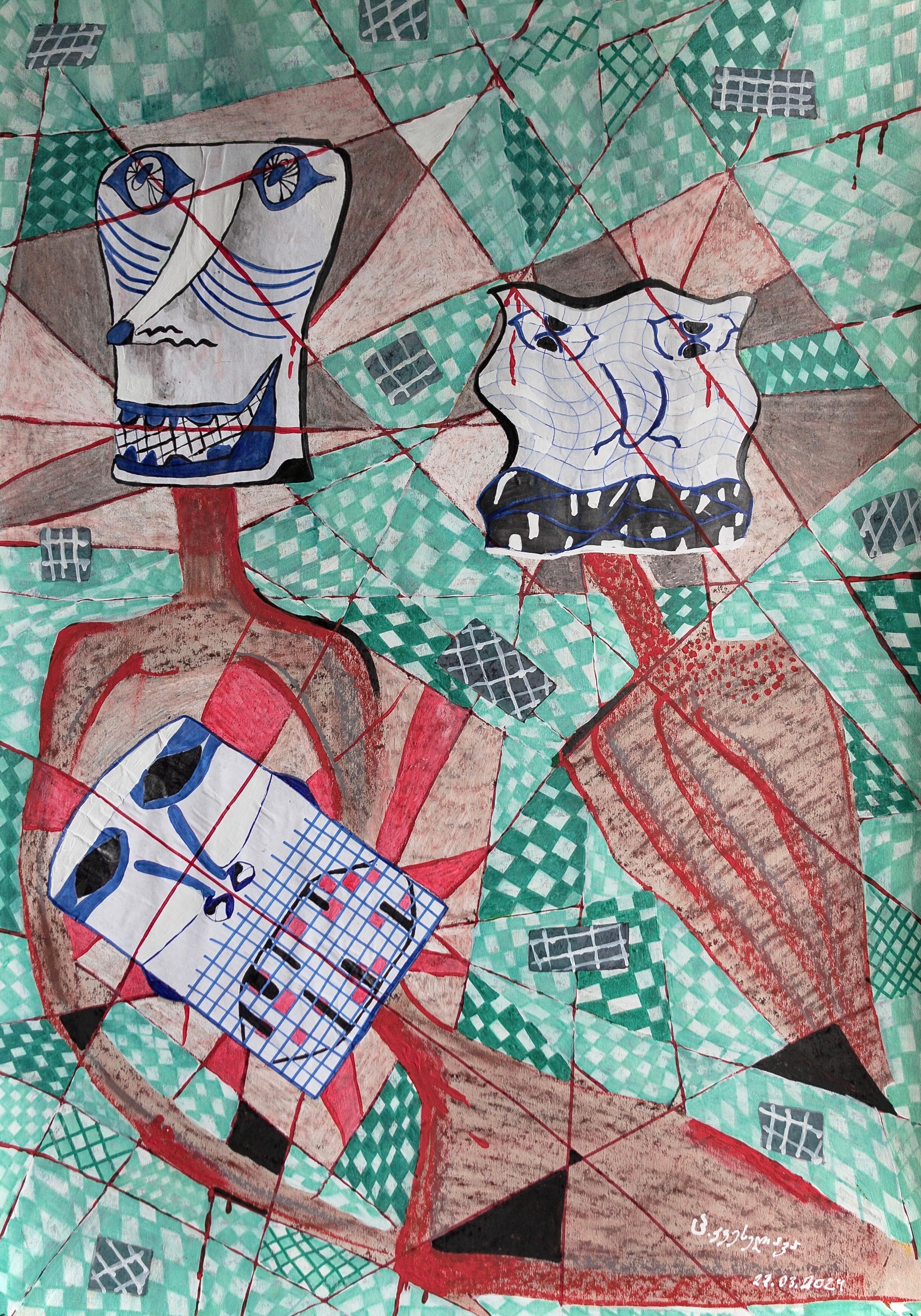 Gemischte Medien auf Papier,

Tsotne Kveselava ist ein georgischer Künstler, der 1999 geboren wurde und in Tiflis, Georgien, lebt und arbeitet. Im Alter von 18 Jahren begann er als Autodidakt mit Papieren zu arbeiten. Mit 23 Jahren begann er ein