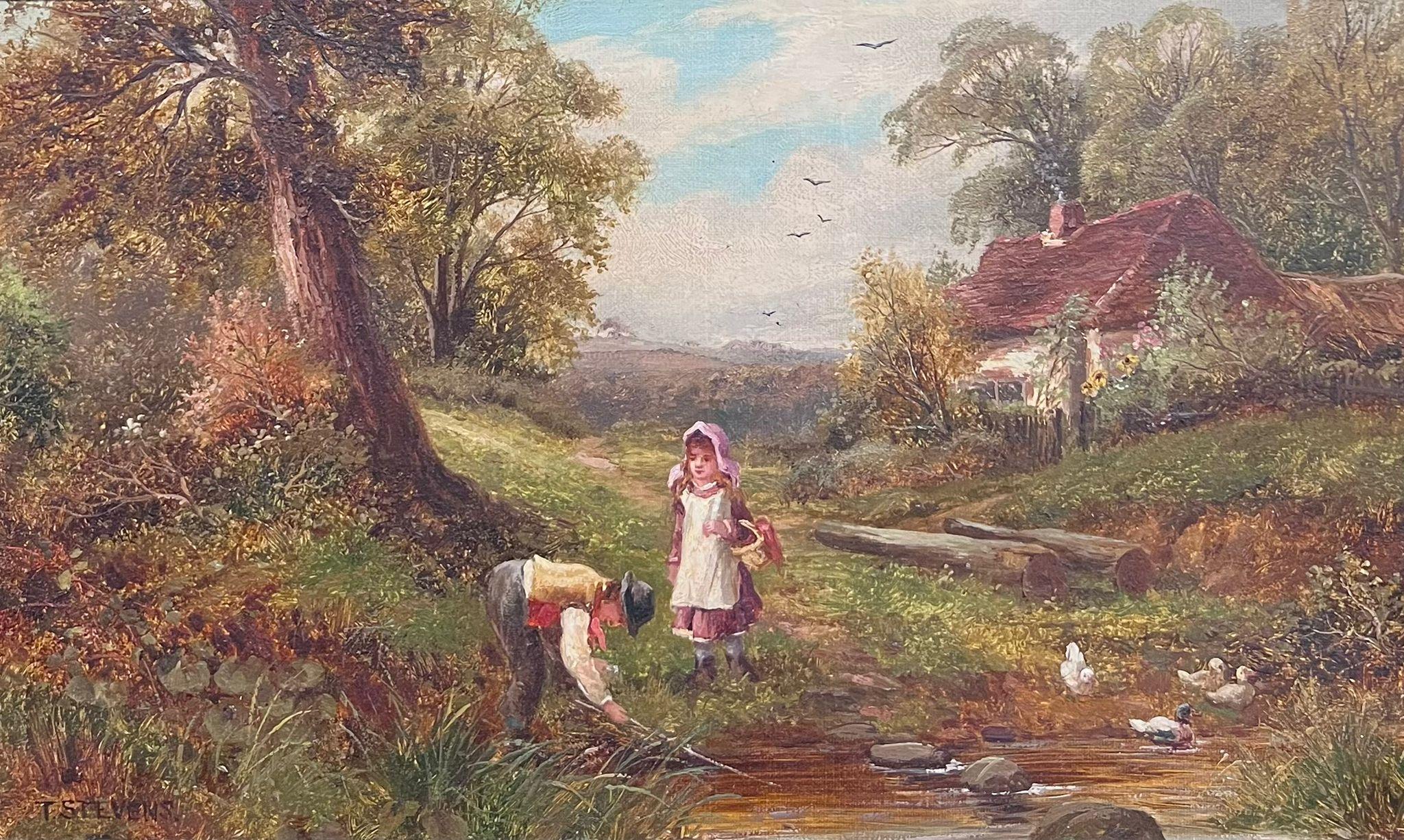 Peinture anglaise victorienne du 19ème siècle, enfants jouant au gré d'un ruisseau - Painting de T.Stevens