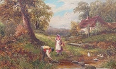 19th Century Country Children Playing by a Stream Victorian English Painting