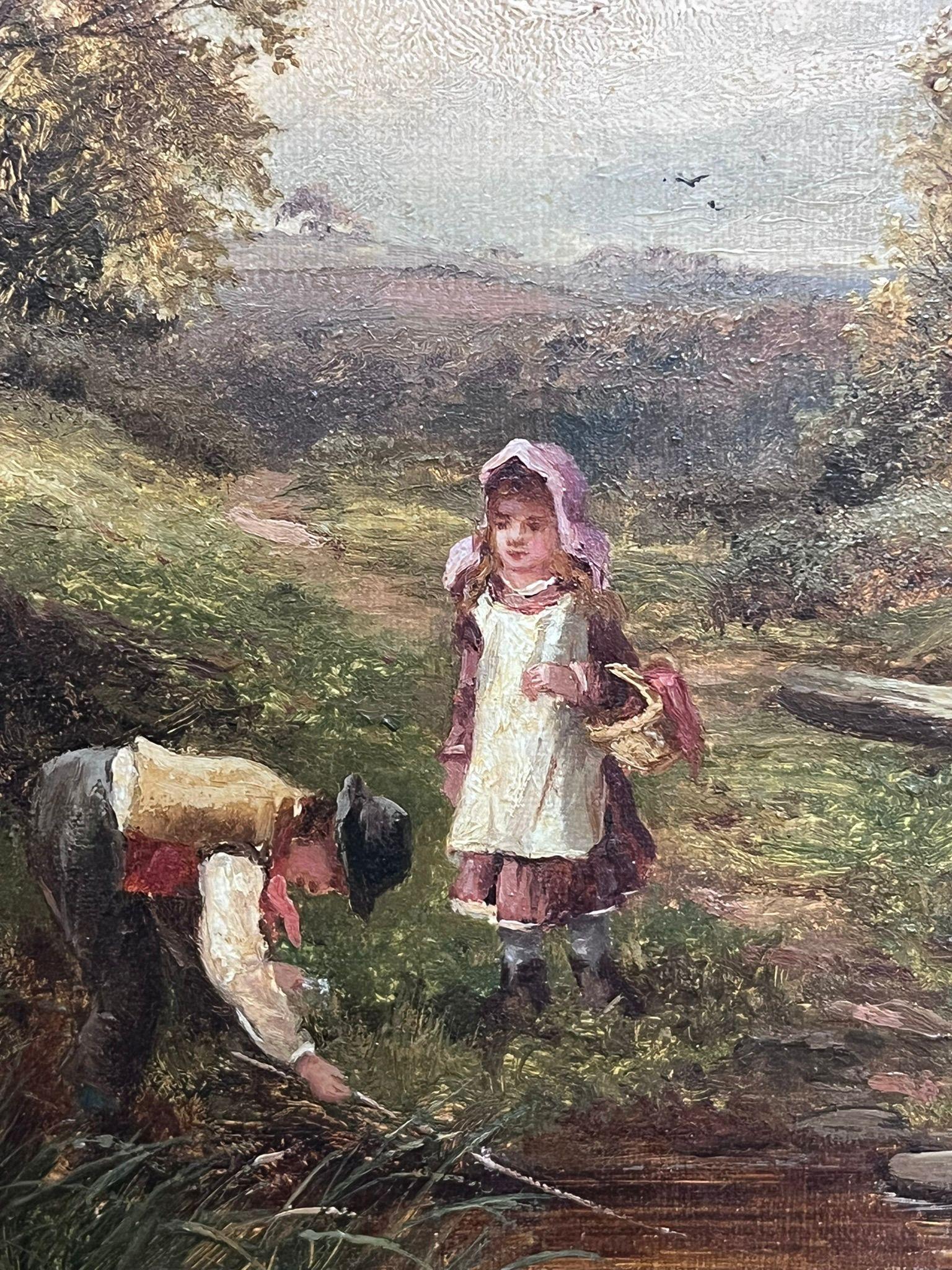 Peinture anglaise victorienne du 19ème siècle, enfants jouant au gré d'un ruisseau en vente 3