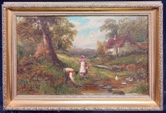 19th Century Country Children Playing by a Stream Victorian English Painting