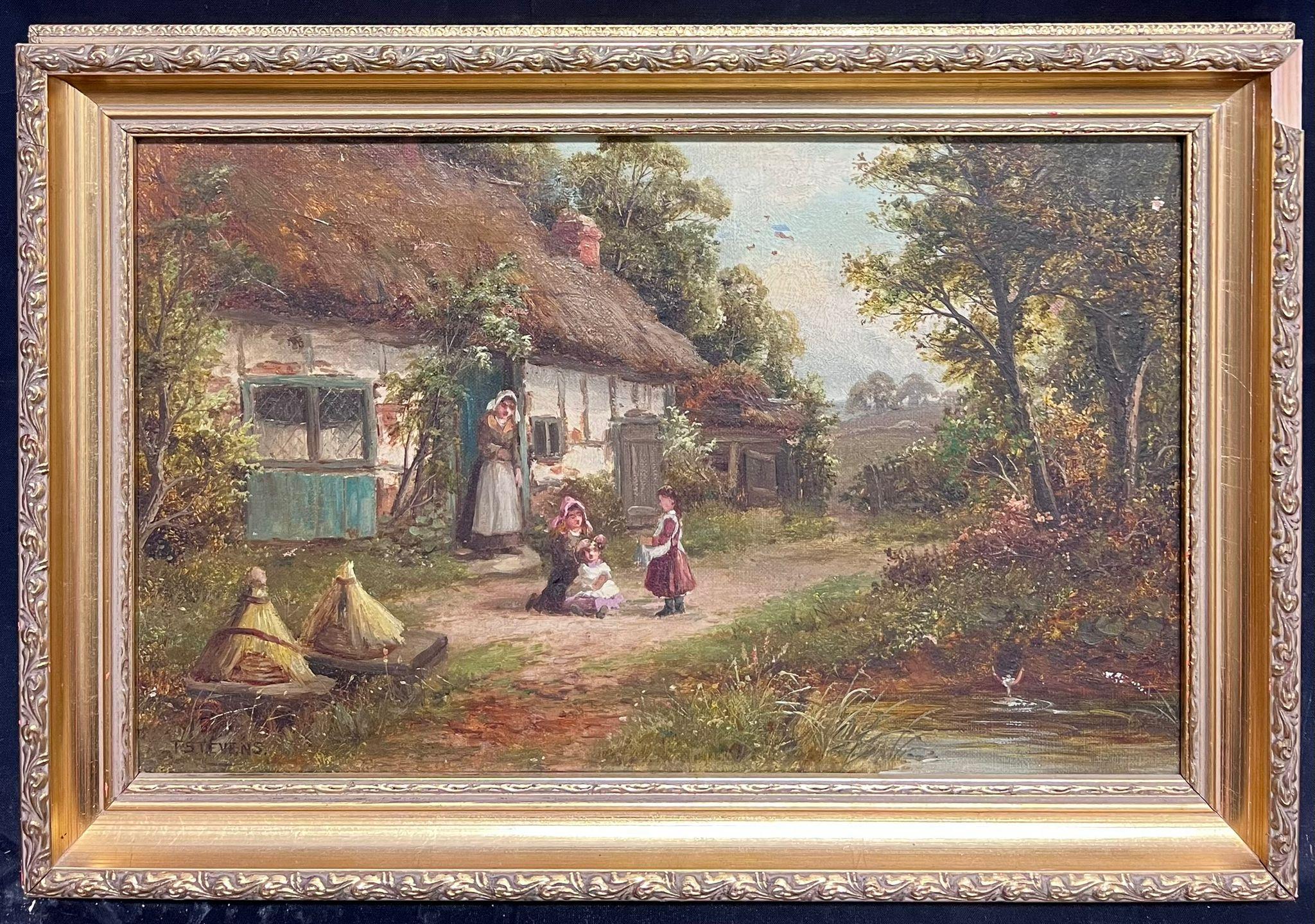 Scena di famiglia rurale del XIX secolo Cottage vittoriano Bambini che giocano Olio inglese - Painting di T.Stevens