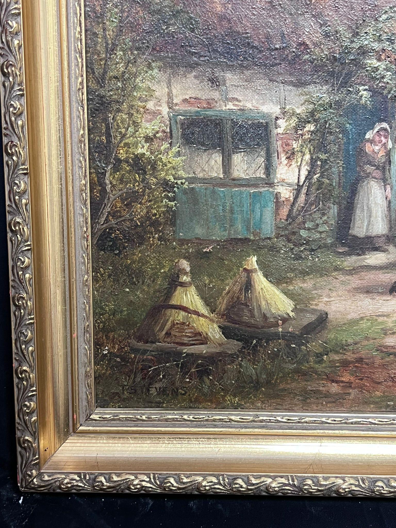 Scena di famiglia rurale del XIX secolo Cottage vittoriano Bambini che giocano Olio inglese - Figurative Painting Marrone di T.Stevens