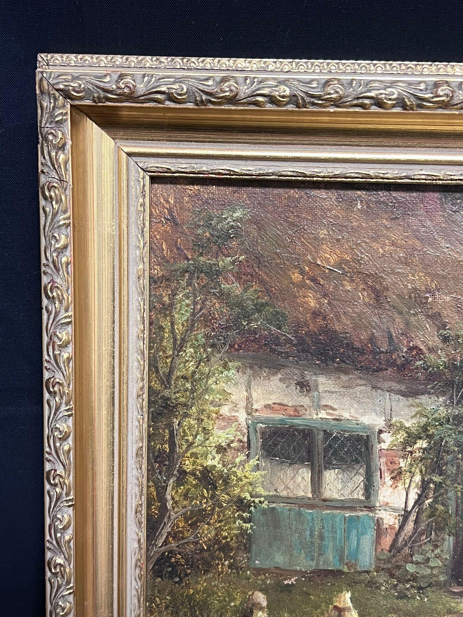 Scena di famiglia, bambini presso il cottage vittoriano 
Di T. Stevens, britannico della fine del XIX secolo
Dipinto a olio su tela firmato, incorniciato
Incorniciato: 12,75 x 19 pollici
tela: 10 x 16 pollici
Condit: Il dipinto è in condizioni molto