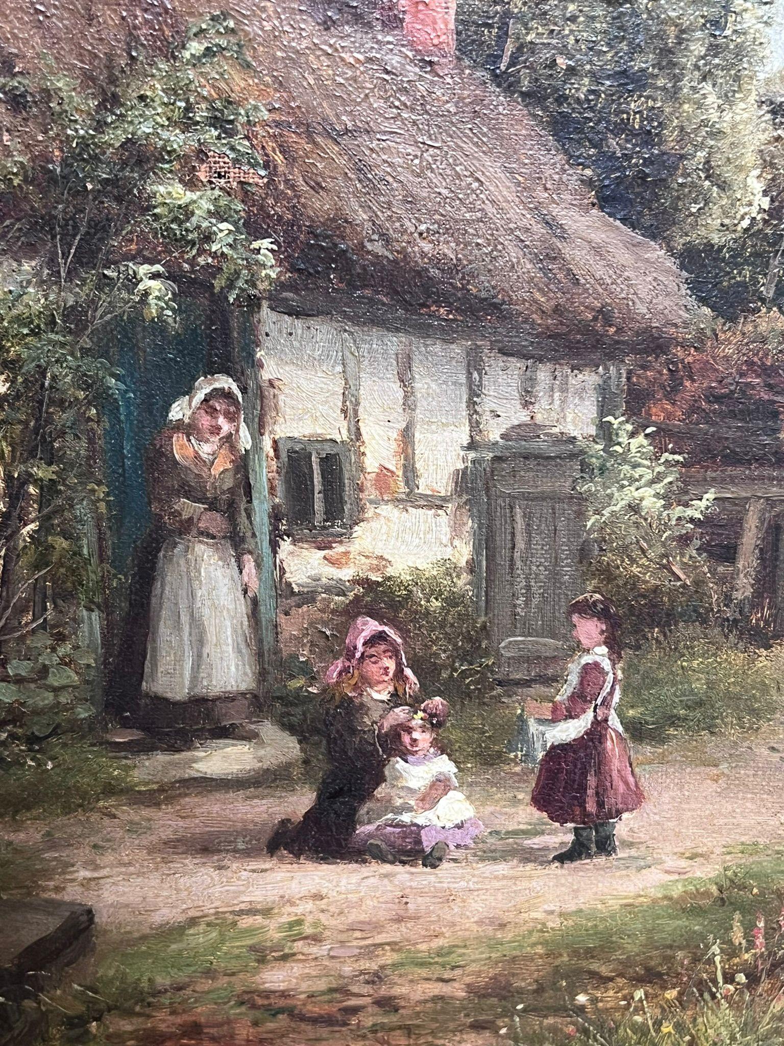 Scena di famiglia rurale del XIX secolo Cottage vittoriano Bambini che giocano Olio inglese in vendita 1