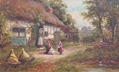 19th Century Rural Family Scene Victorian Cottage Children Playing English Oil