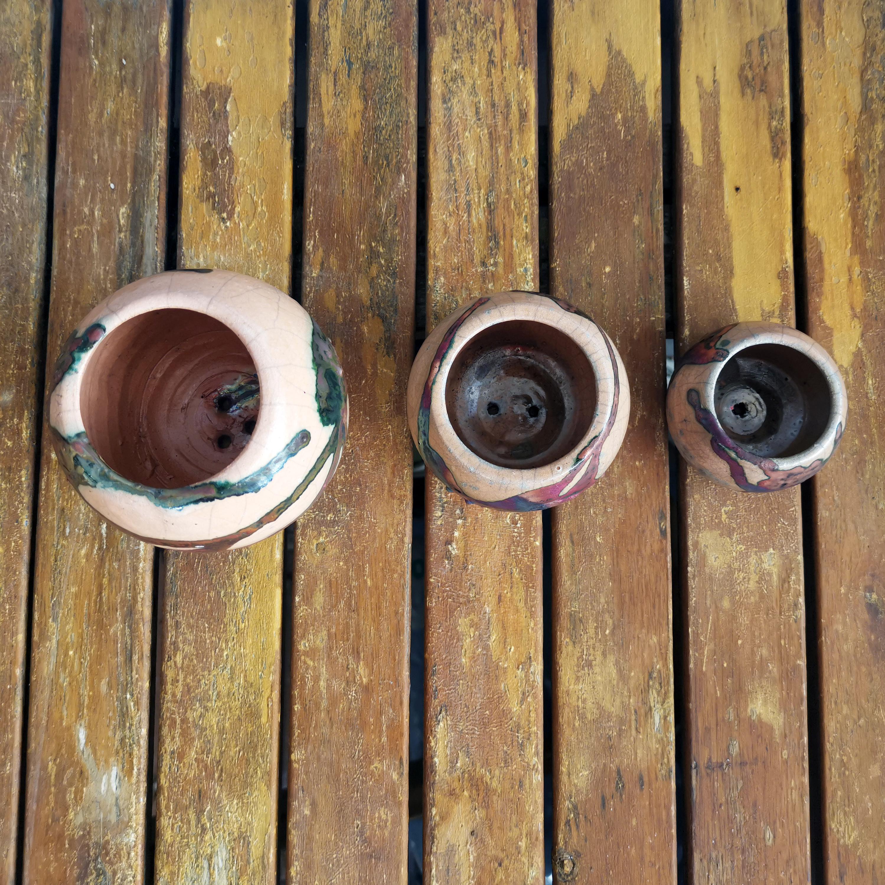 Modern Tsuchi Raku Mini Planter Pot Set of 3 - Half Copper Matte - Handmade Ceramic For Sale