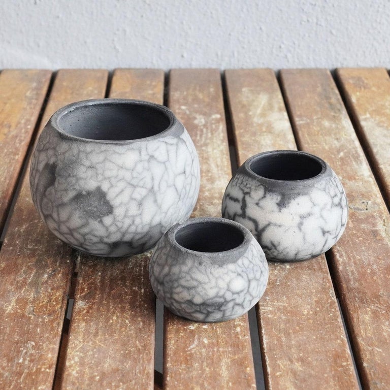 Tsuchi Raku Mini Planter Pot Set of 3 Smoked Raku Handmade Ceramic
