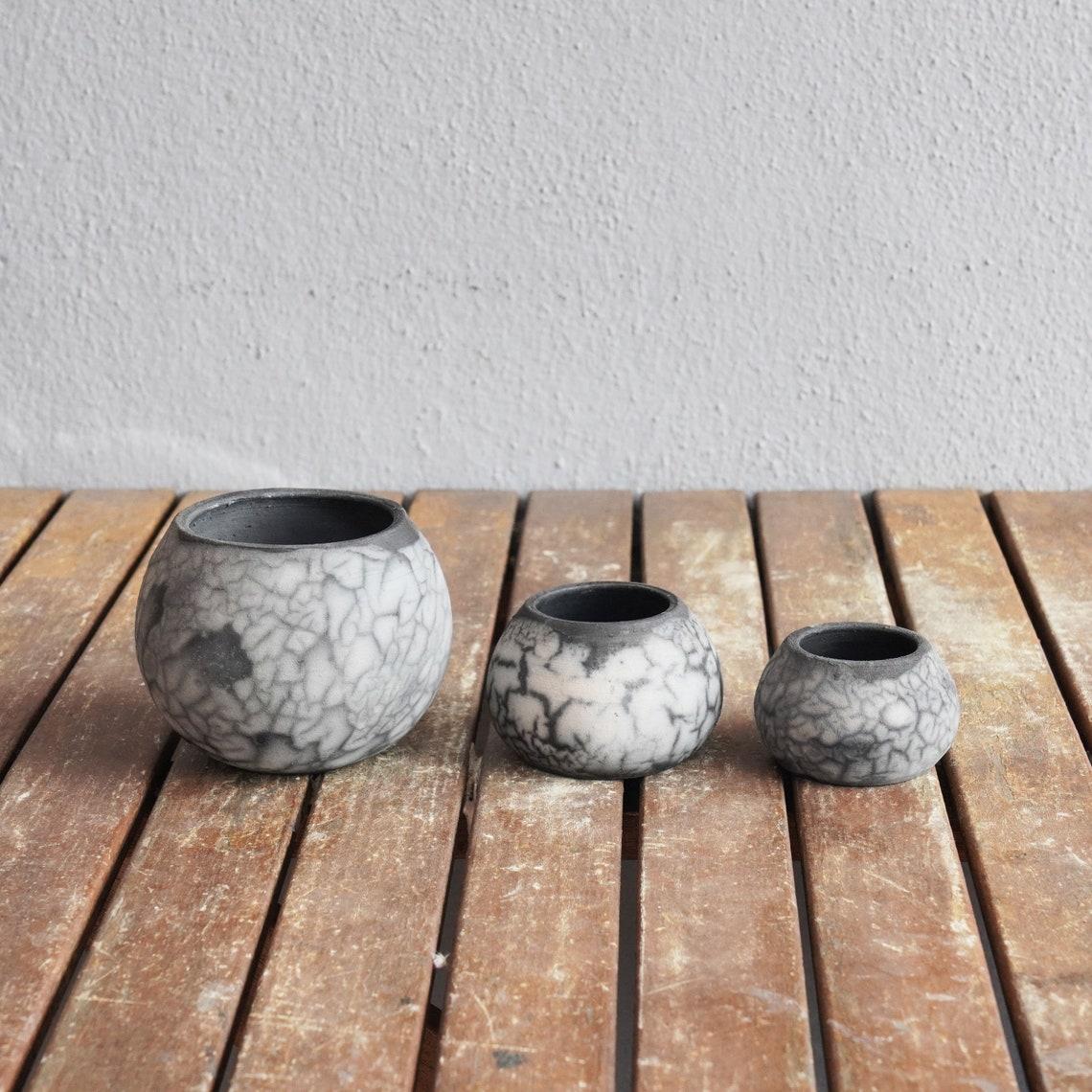 Modern Tsuchi Raku Mini Planter Pot Set of 3 - Smoked Raku - Handmade Ceramic For Sale