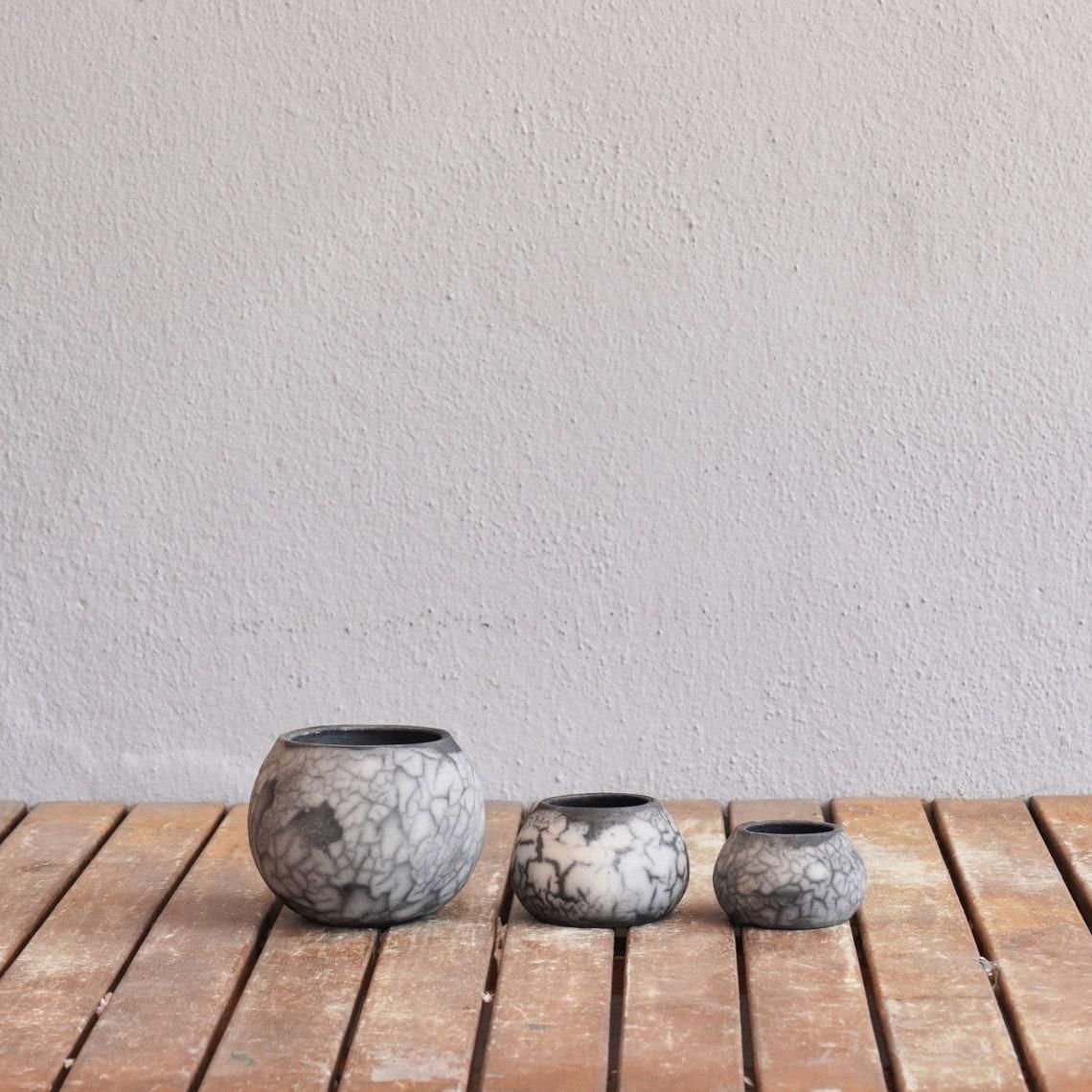 Malaysian Tsuchi Raku Mini Planter Pot Set of 3 - Smoked Raku - Handmade Ceramic For Sale