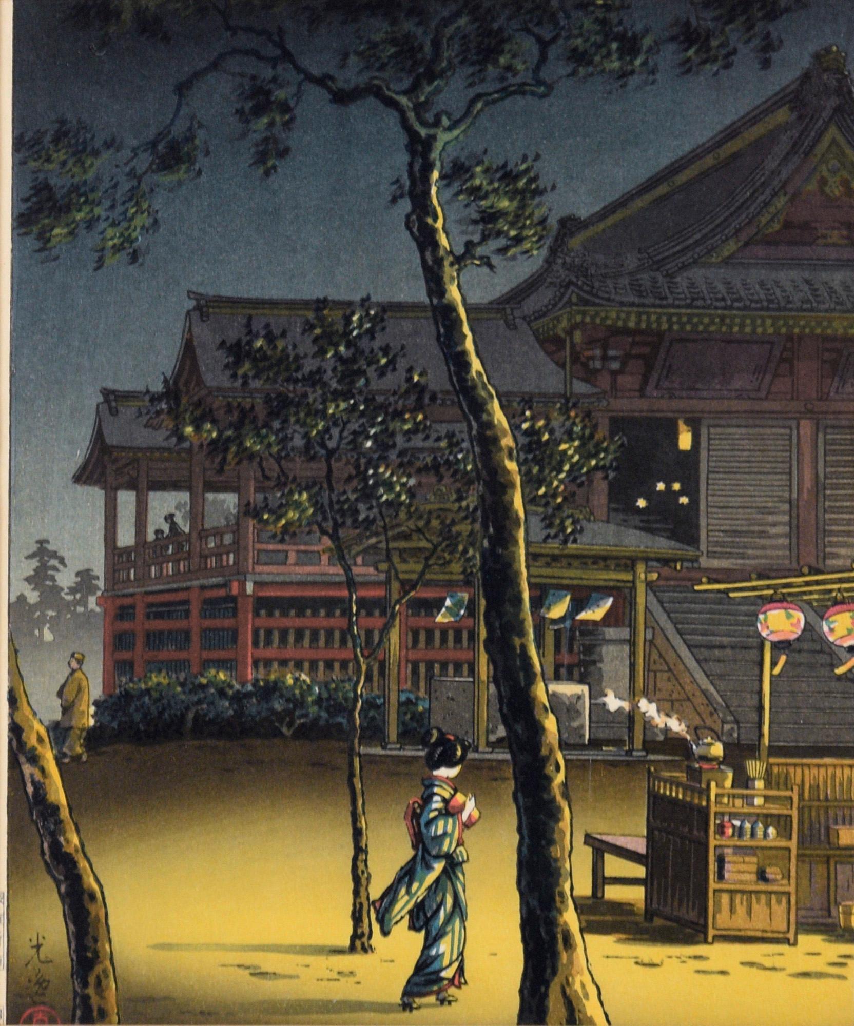 Tea Shop at Kiyomizu (Early Printing) - Nocturnal Woodblock Print on Paper

Gorgeous night scene by Tsuchiya Koitsu (Japanese, 1870-1949). The scene depicts a small tea shop in front of the Kiyomizu Temple in Ueno. A lady is passing in front of the